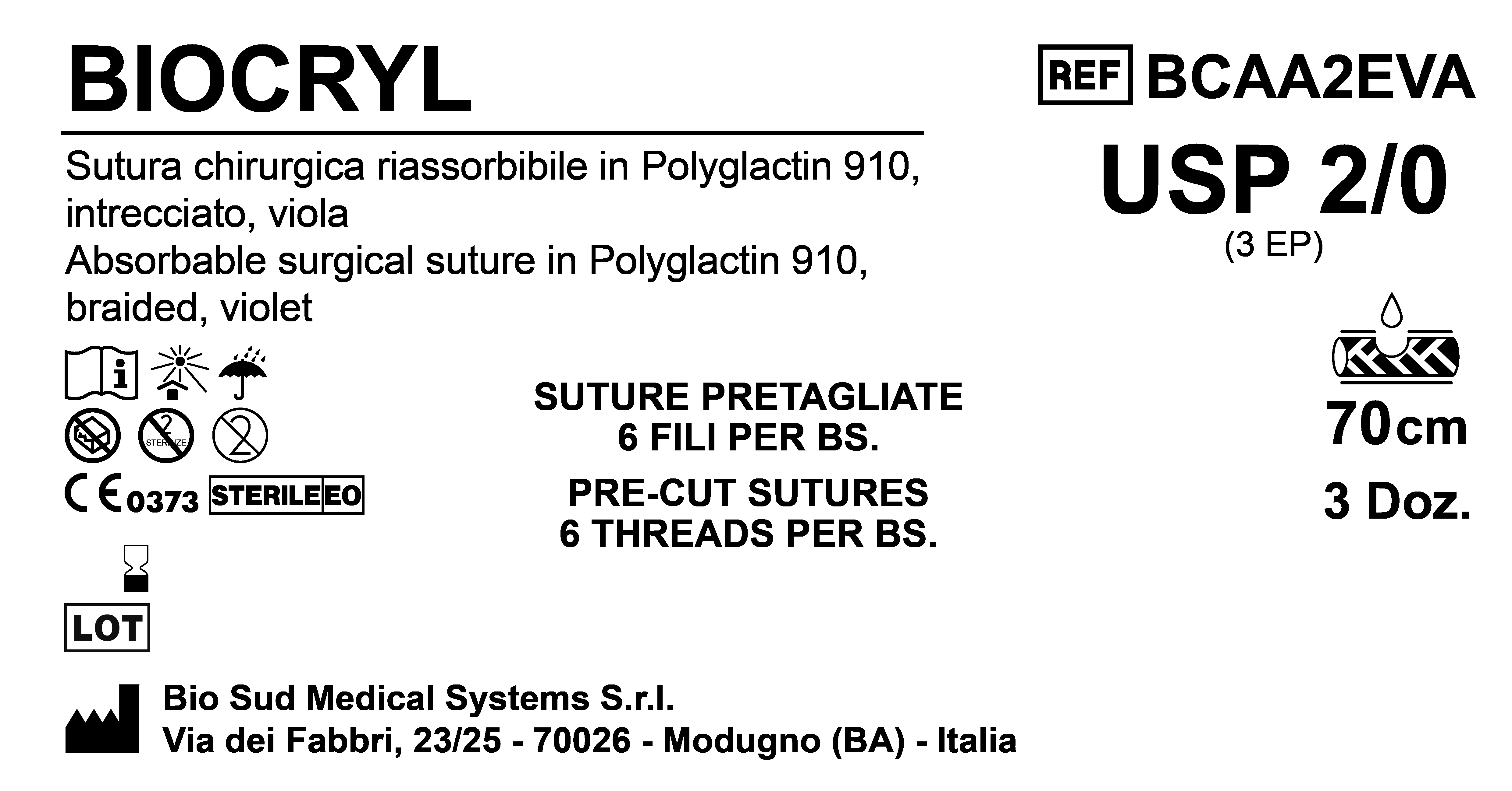 Sutura Biocryl Precutted USP 2-0 - EP 3 70 cm Violet Bs. 36 x 6 Threads