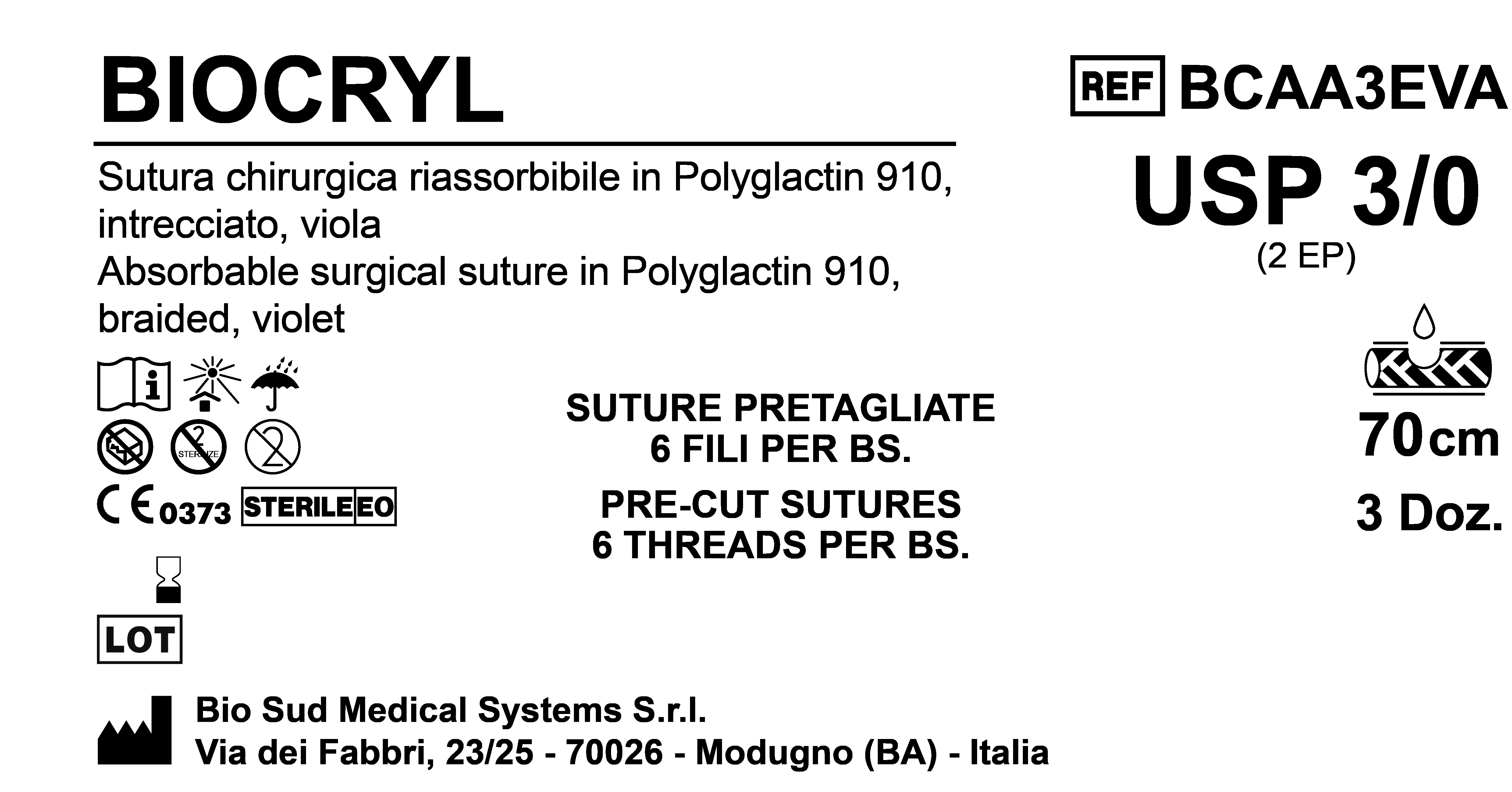 Sutura Biocryl Precutted USP 3-0 - EP 2 70 cm Violet Bs. 36 x 6 Threads