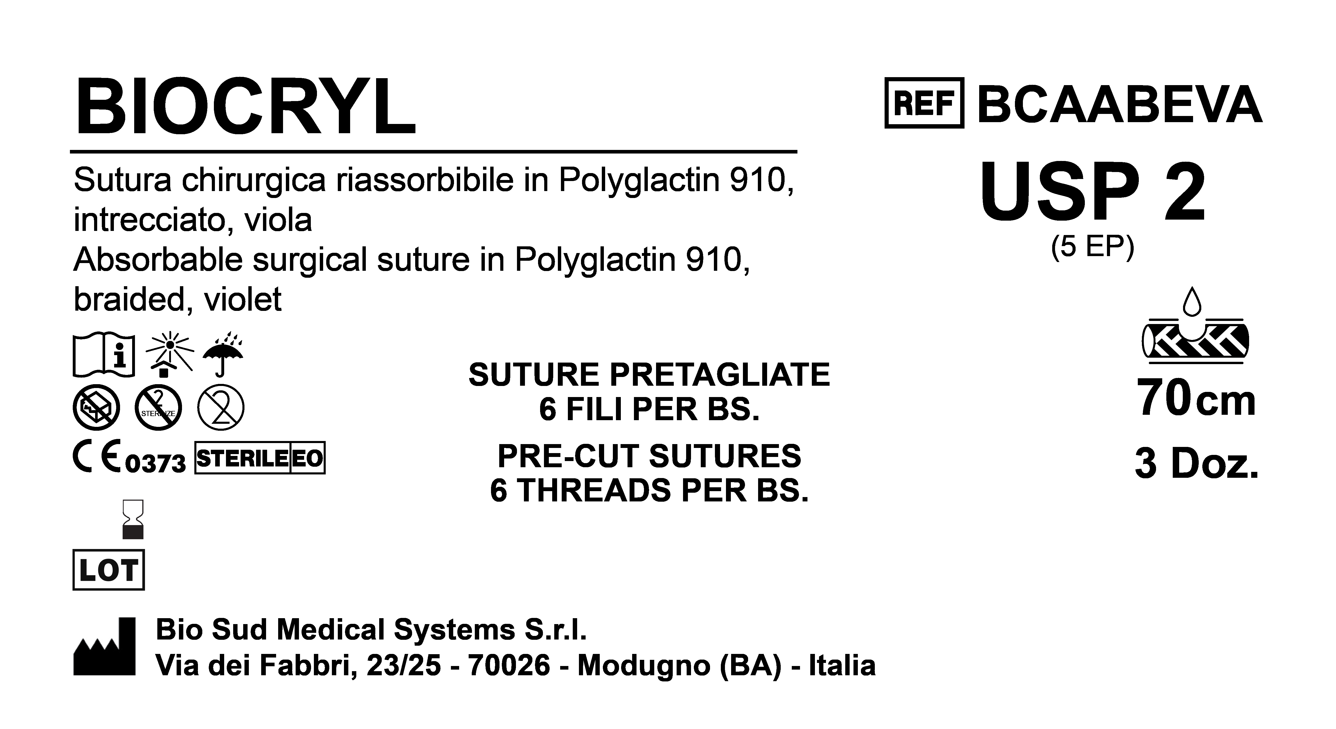Sutura Biocryl Precutted USP 2 - EP 5 70 cm Violet Bs. 36 x 6 Threads