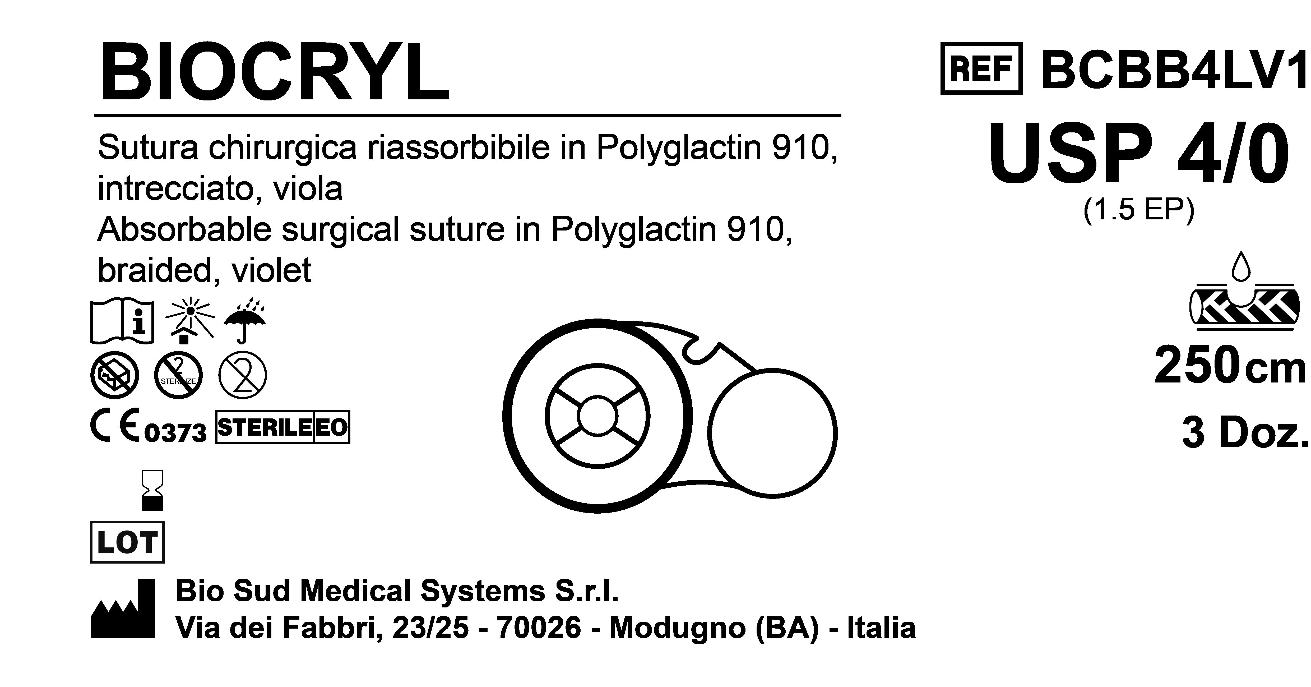 Sutura Biocryl on Reel USP 4-0  - EP 1.5 250 cm Violet Box 36 pcs