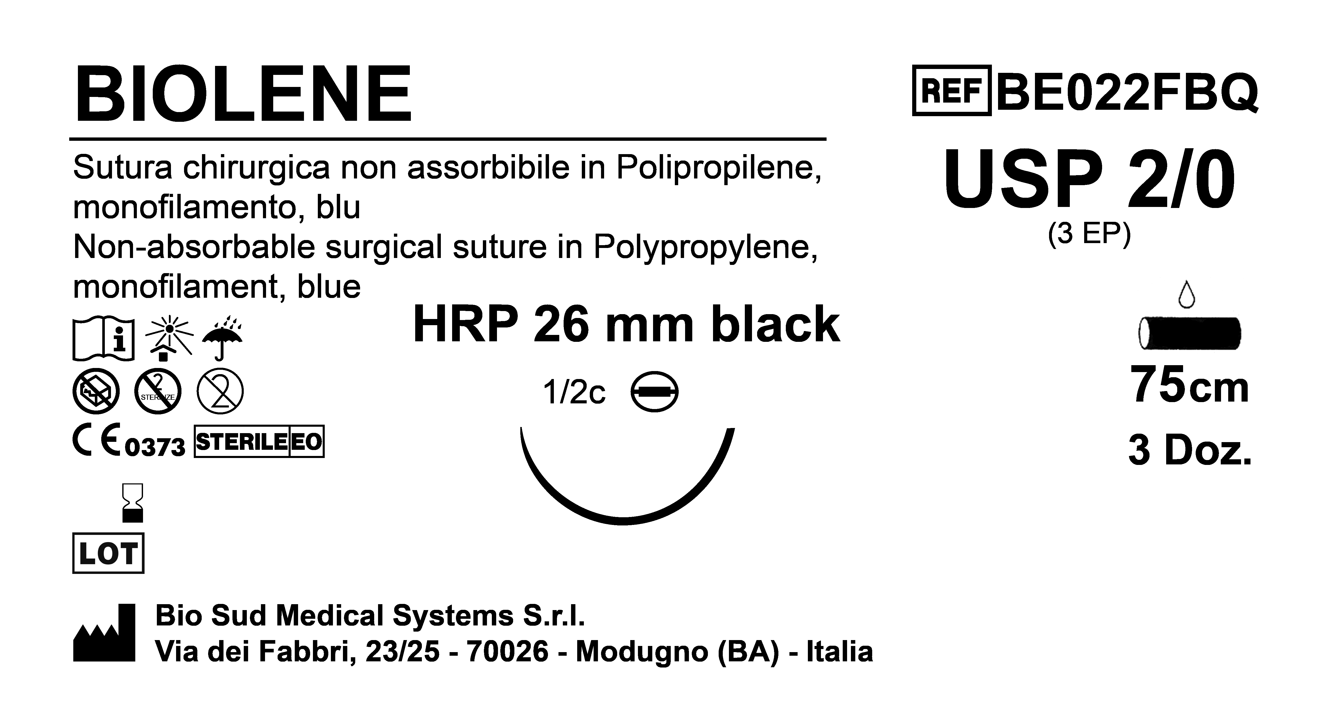 Sutura Biolene HRP26 USP 2-0 - EP 3 75 cm Blue Needle Plus Black  Box 36 pcs