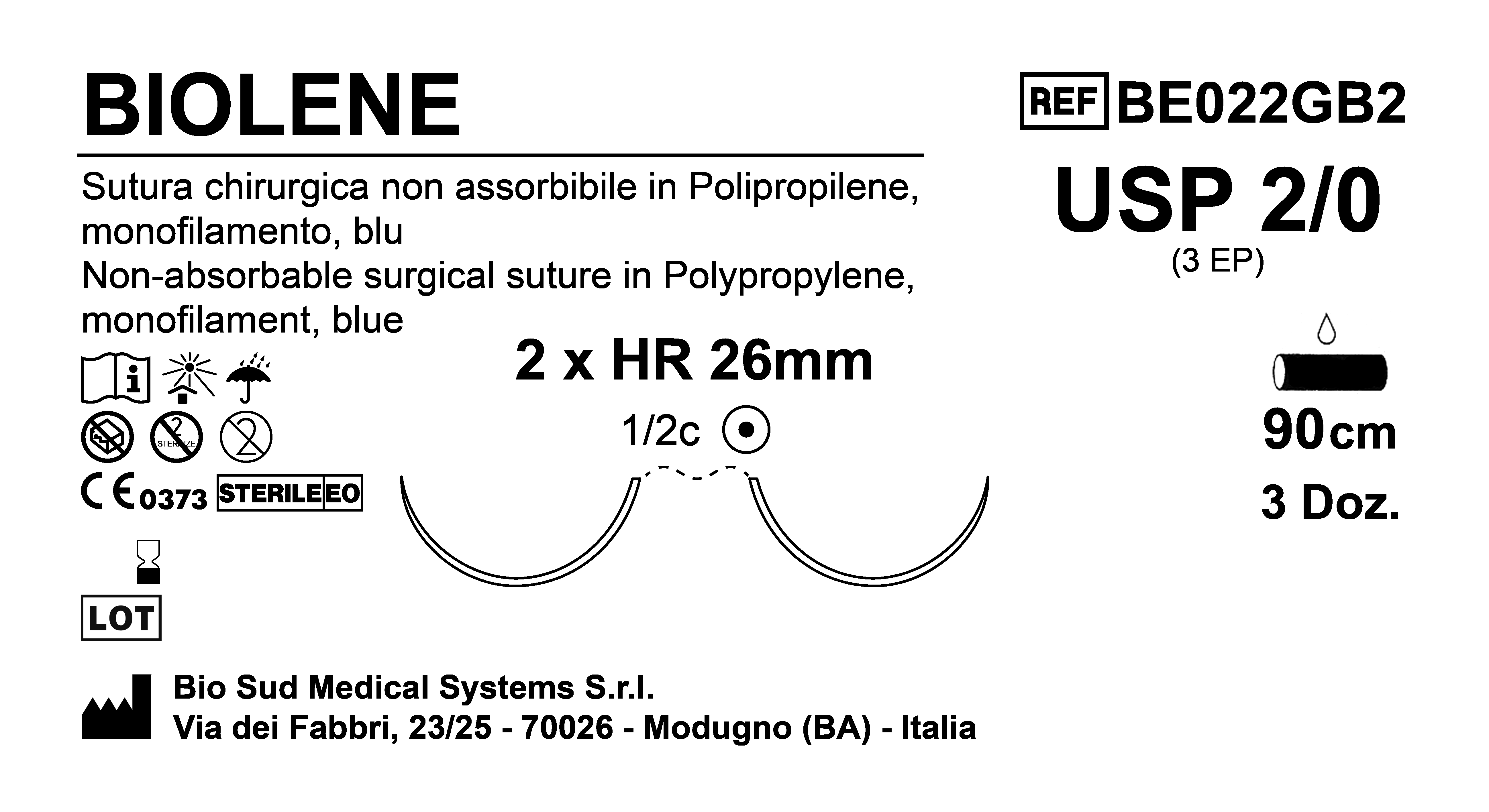 Sutura Biolene HR26 USP 2-0 - EP 3 90 cm Blue Double Armed  Box 36 pcs