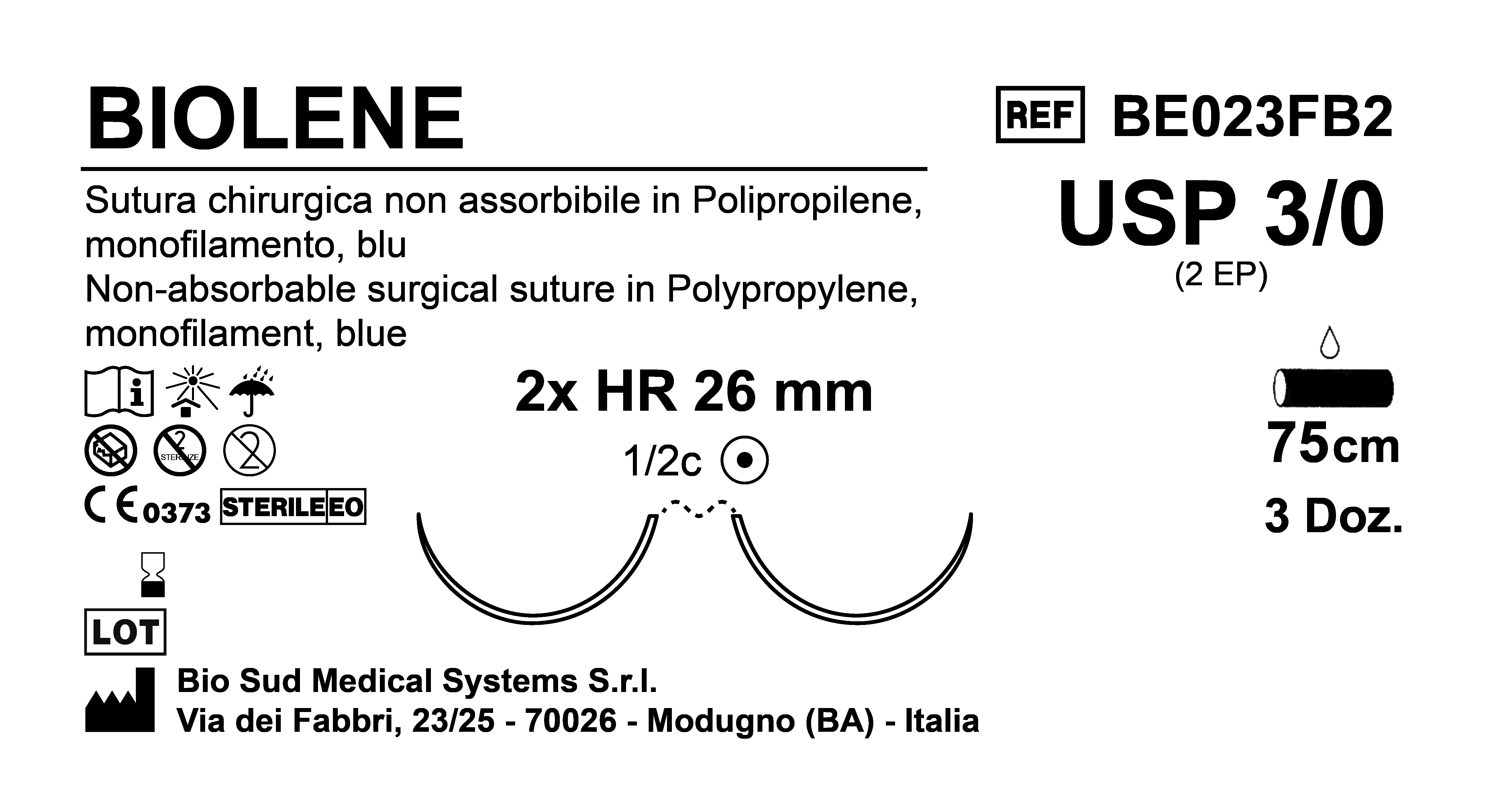 Sutura Biolene HR26 USP 3-0 - EP 2 75 cm Blue Double Armed Box 36 pcs
