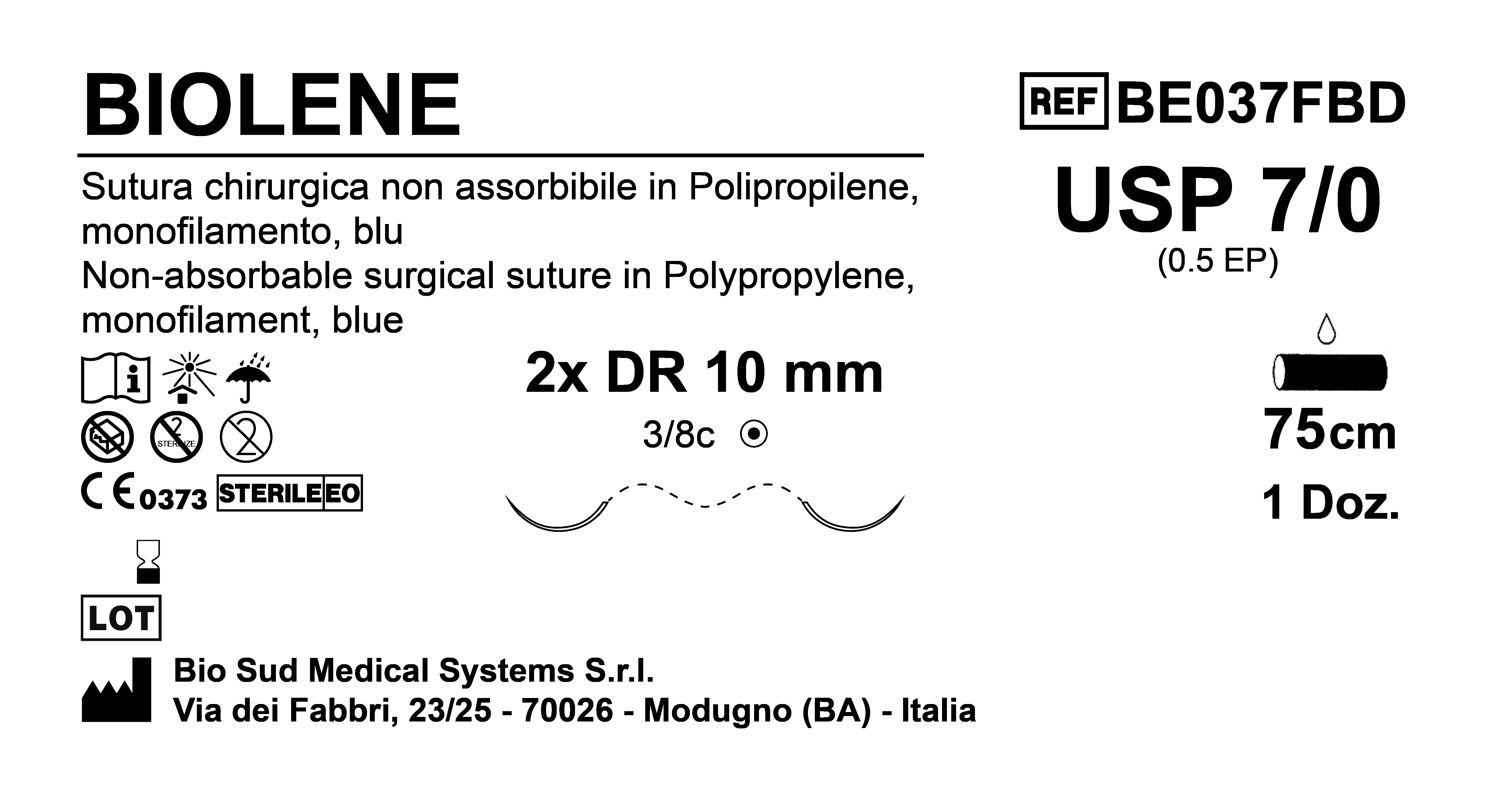 Sutura Biolene DR 10 USP 7-0 - EP 0.5 75 cm Blue Double Armed  N.12 Bs. per Box