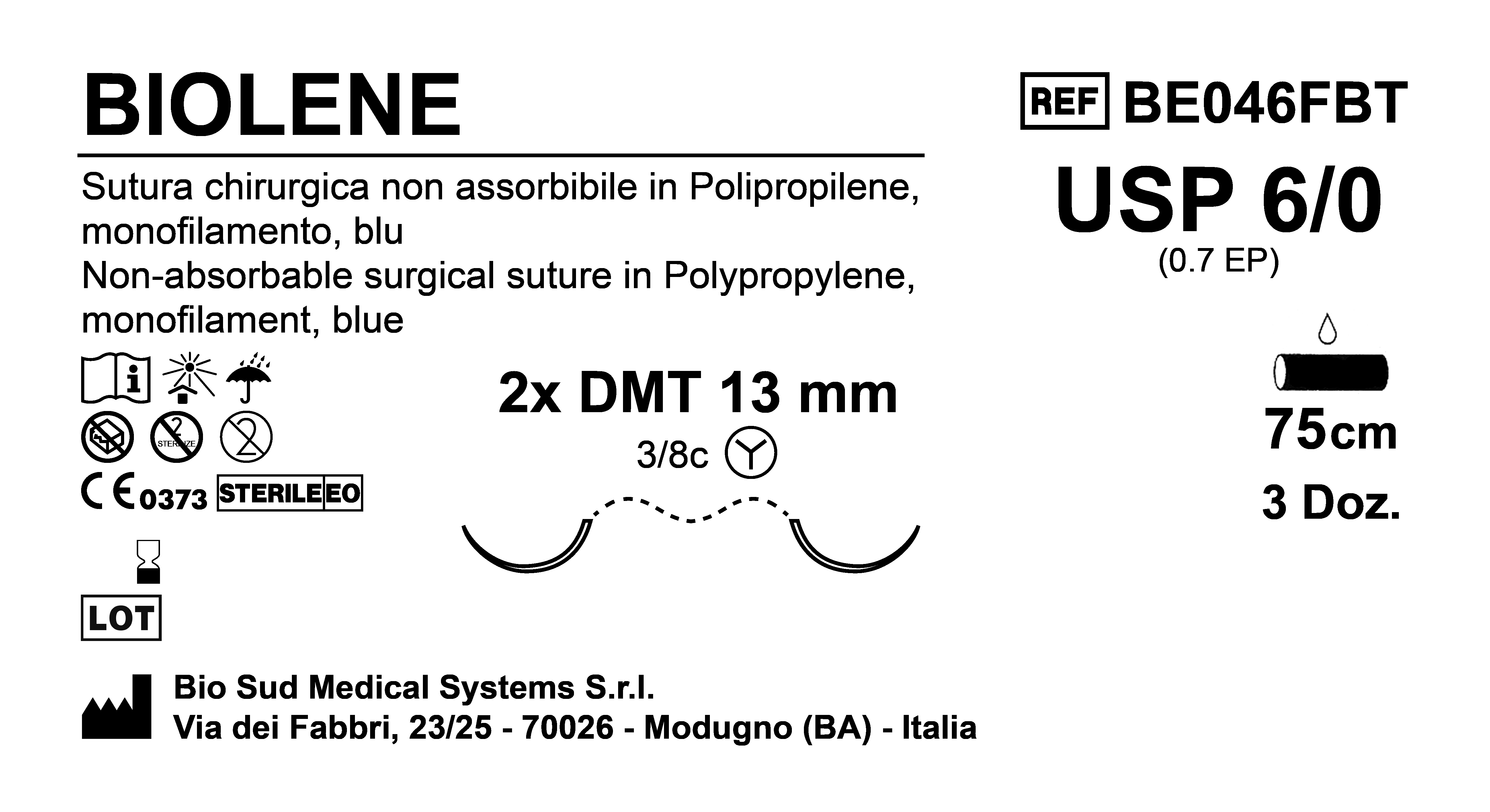 Sutura Biolene DMT13 USP 6-0 - EP 0.7 75 cm Blue Double Needle MicroTapercut  Box 36 pcs