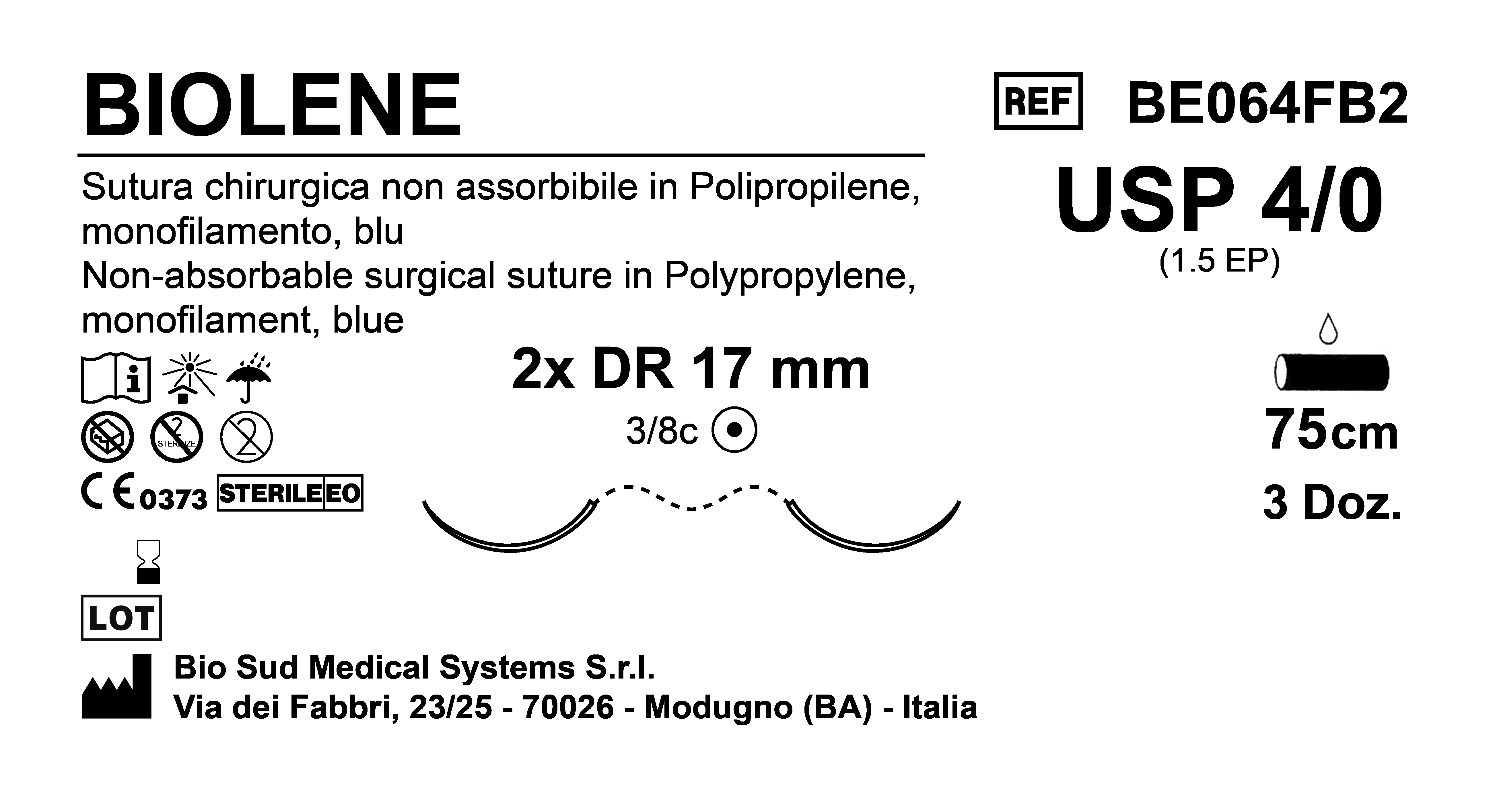 Sutura Biolene DR 17 USP 4-0  - EP 1.5 75 cm Blue Double Armed  Box 36 pcs