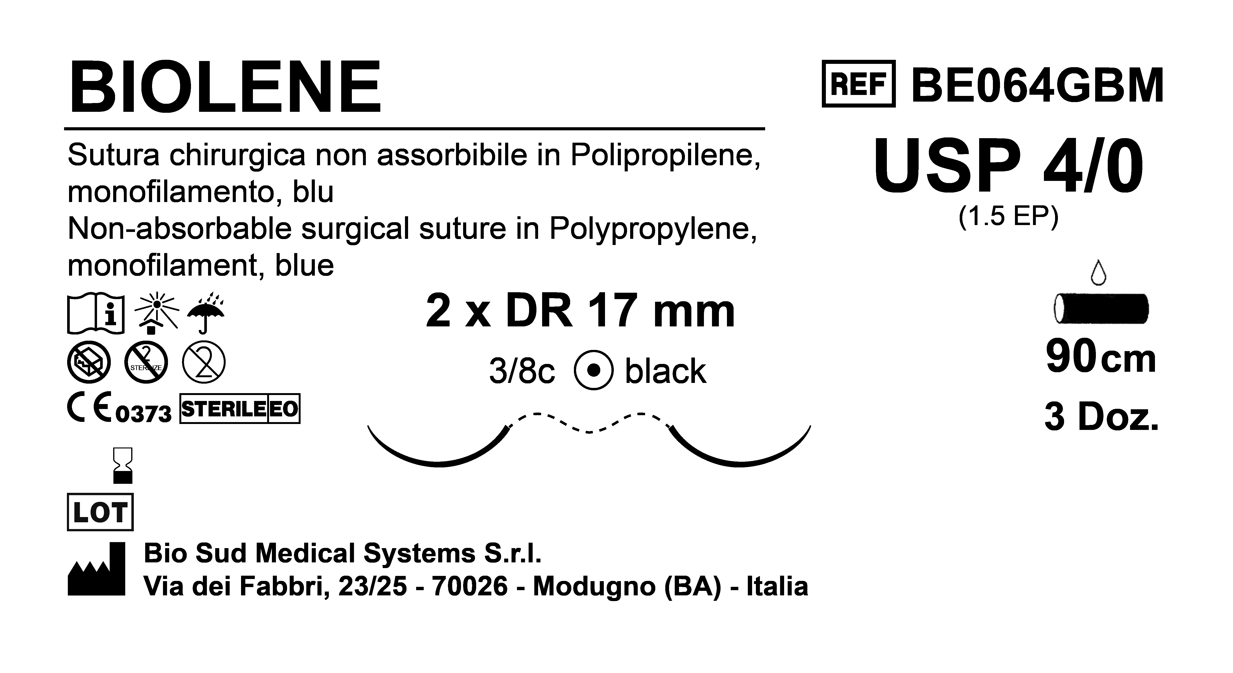 Sutura Biolene DR17 USP 4-0  - EP 1.5 90 cm Blue Doub.Arm. Black Needle Box 36 pcs