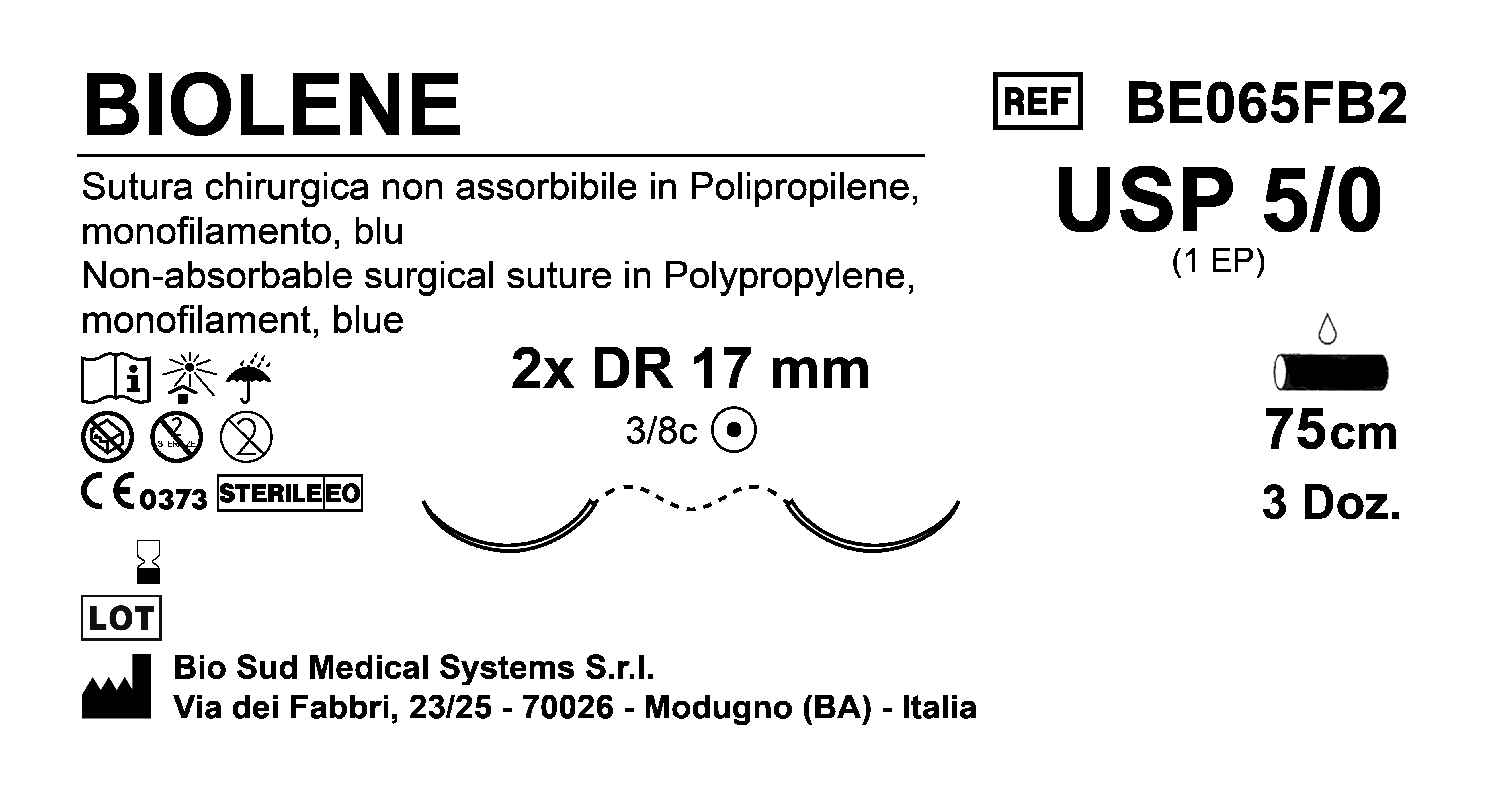 Sutura Biolene DR17 USP 5-0 - EP 1 75 cm Blue Double Armed  Box 36 pcs