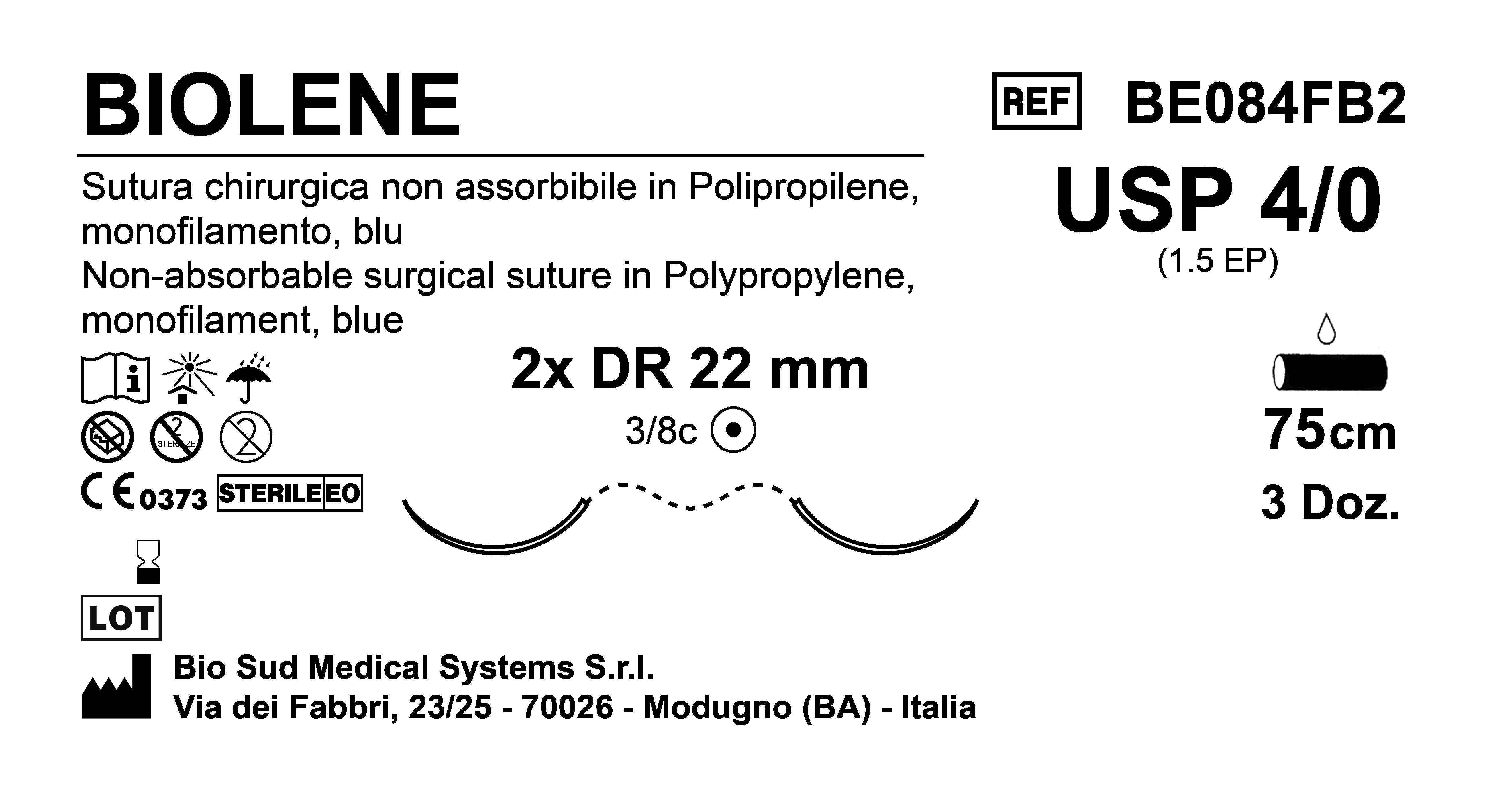 Sutura Biolene DR22 USP 4-0  - EP 1.5 75 cm Blue Double Armed  Box 36 pcs