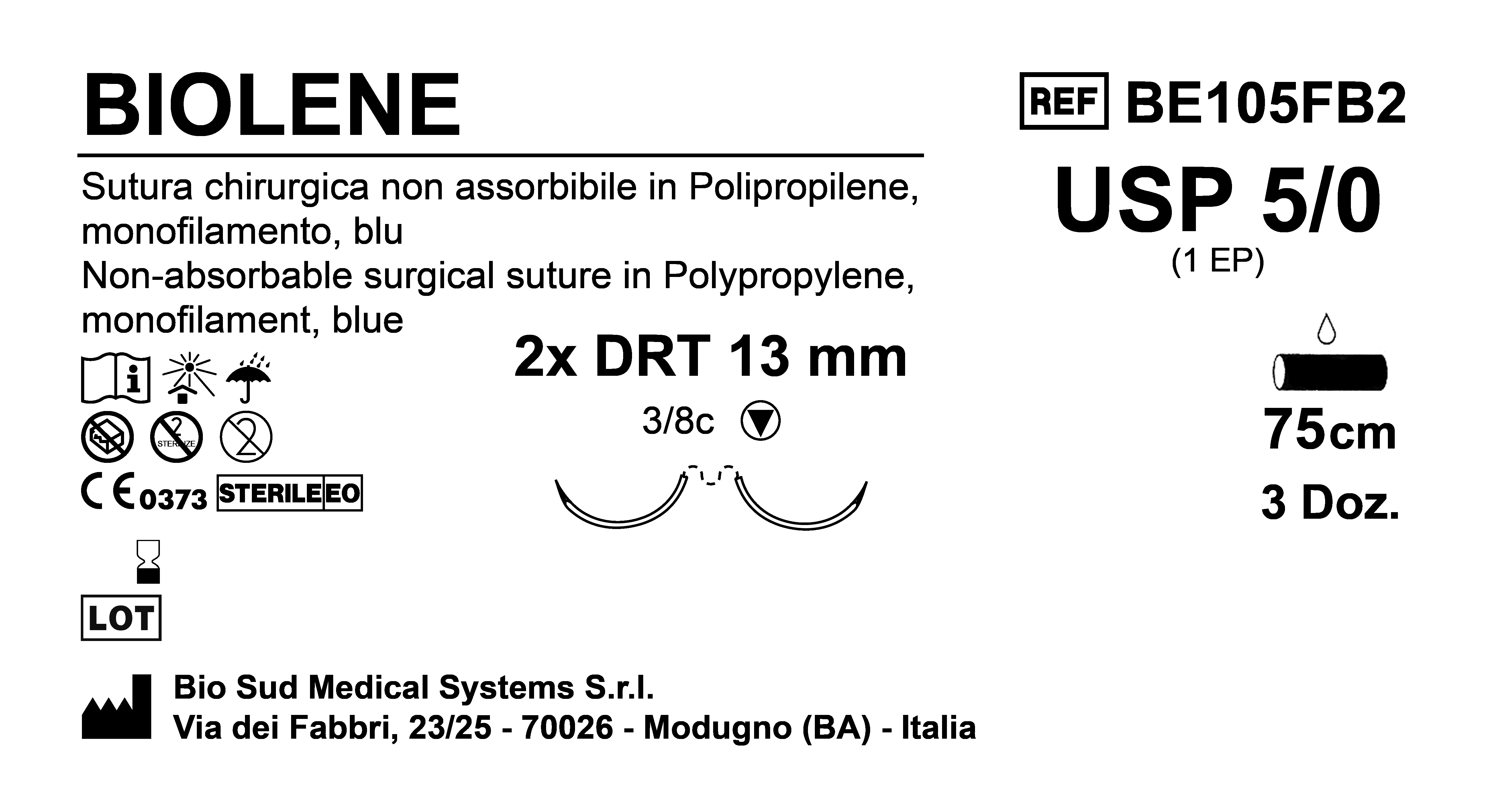 Sutura Biolene DRT13 USP 5-0 - EP 1 75 cm Blue Double Armed  Box 36 pcs