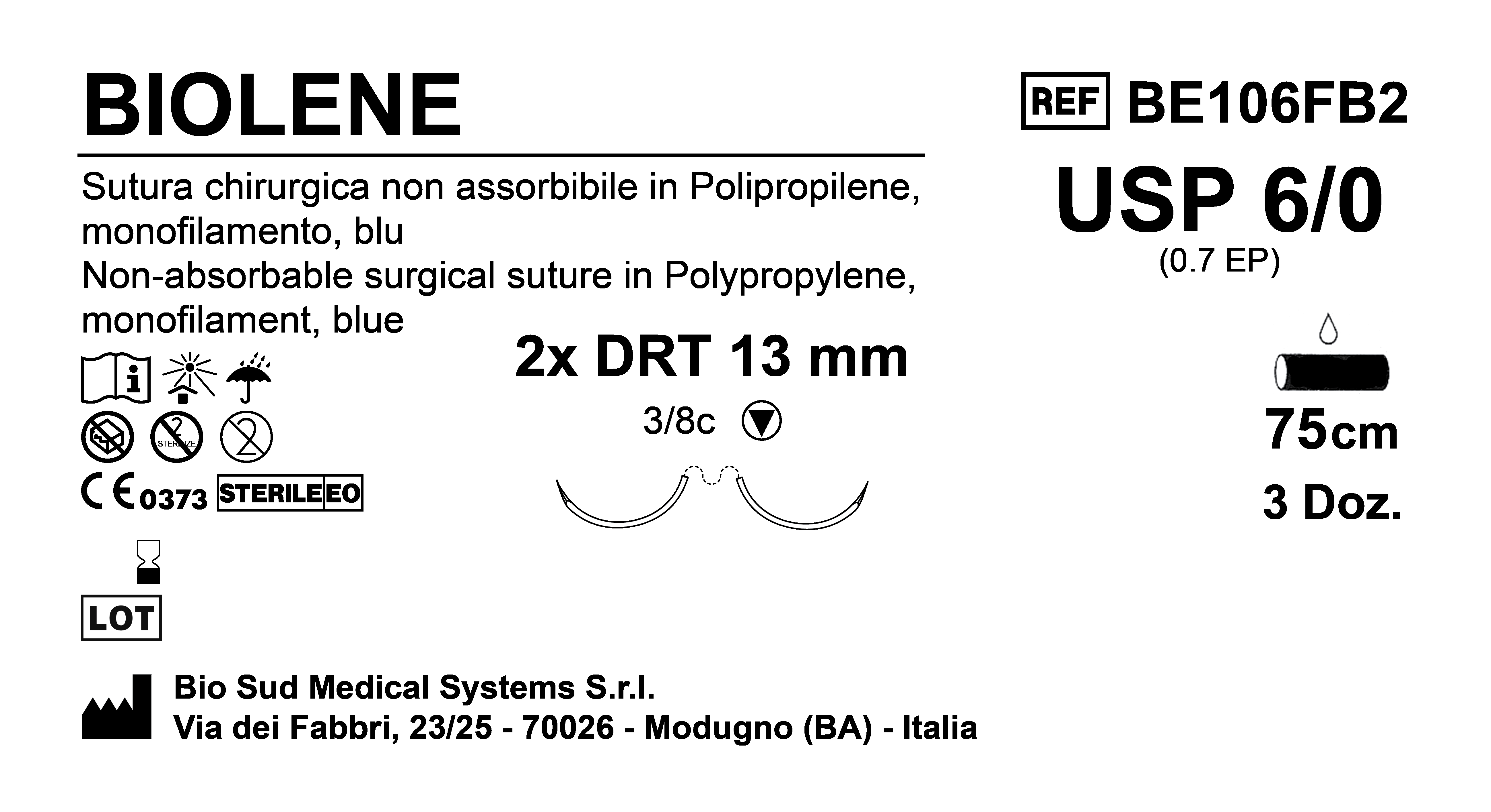 Sutura Biolene DRT13 USP 6-0 - EP 0.7 75 cm Blue Double Armed  Box 36 pcs