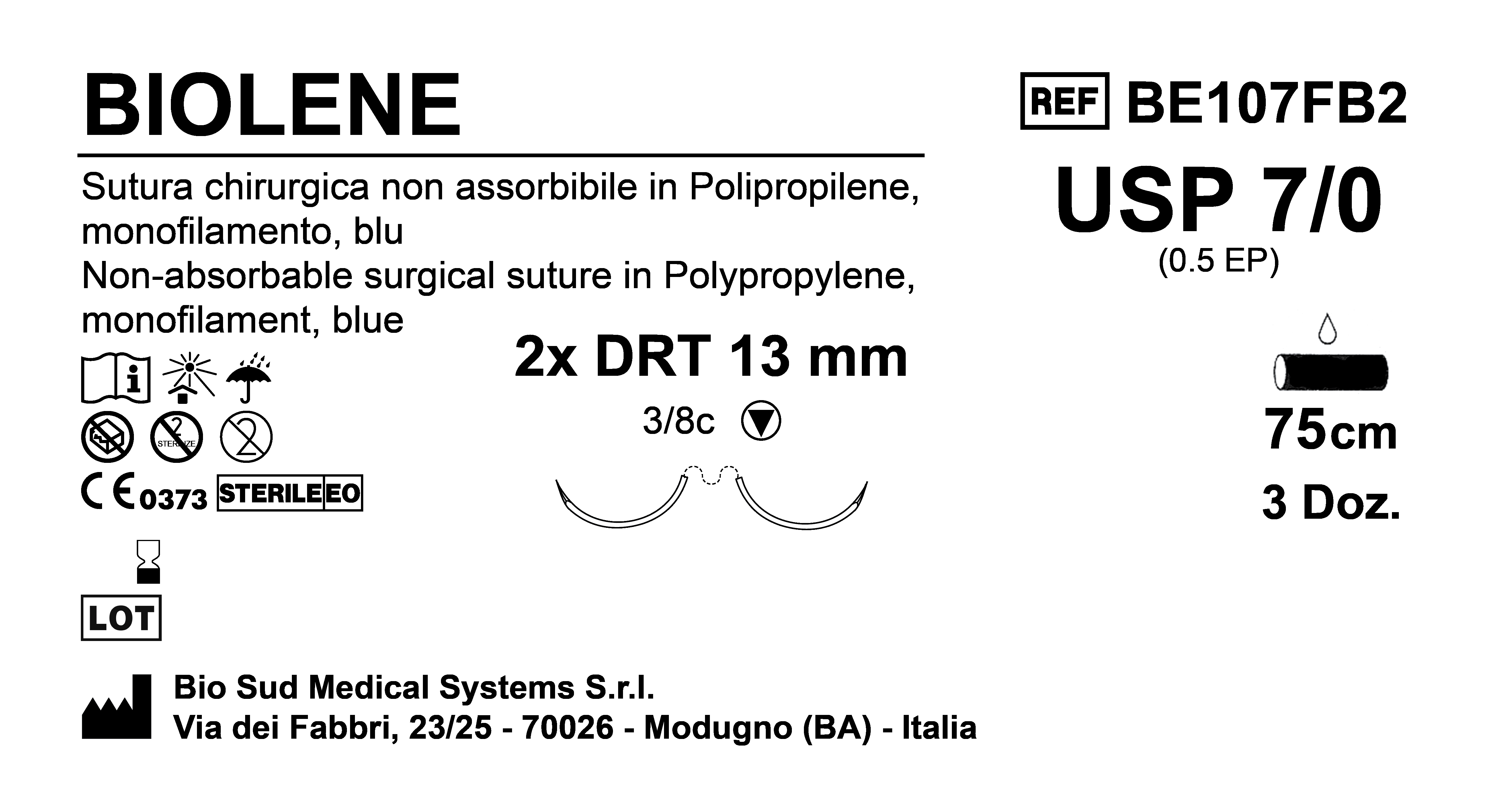 Sutura Biolene DRT 13 USP 7-0 - EP 0.5 75 cm Blue Double Armed  Box 36 pcs