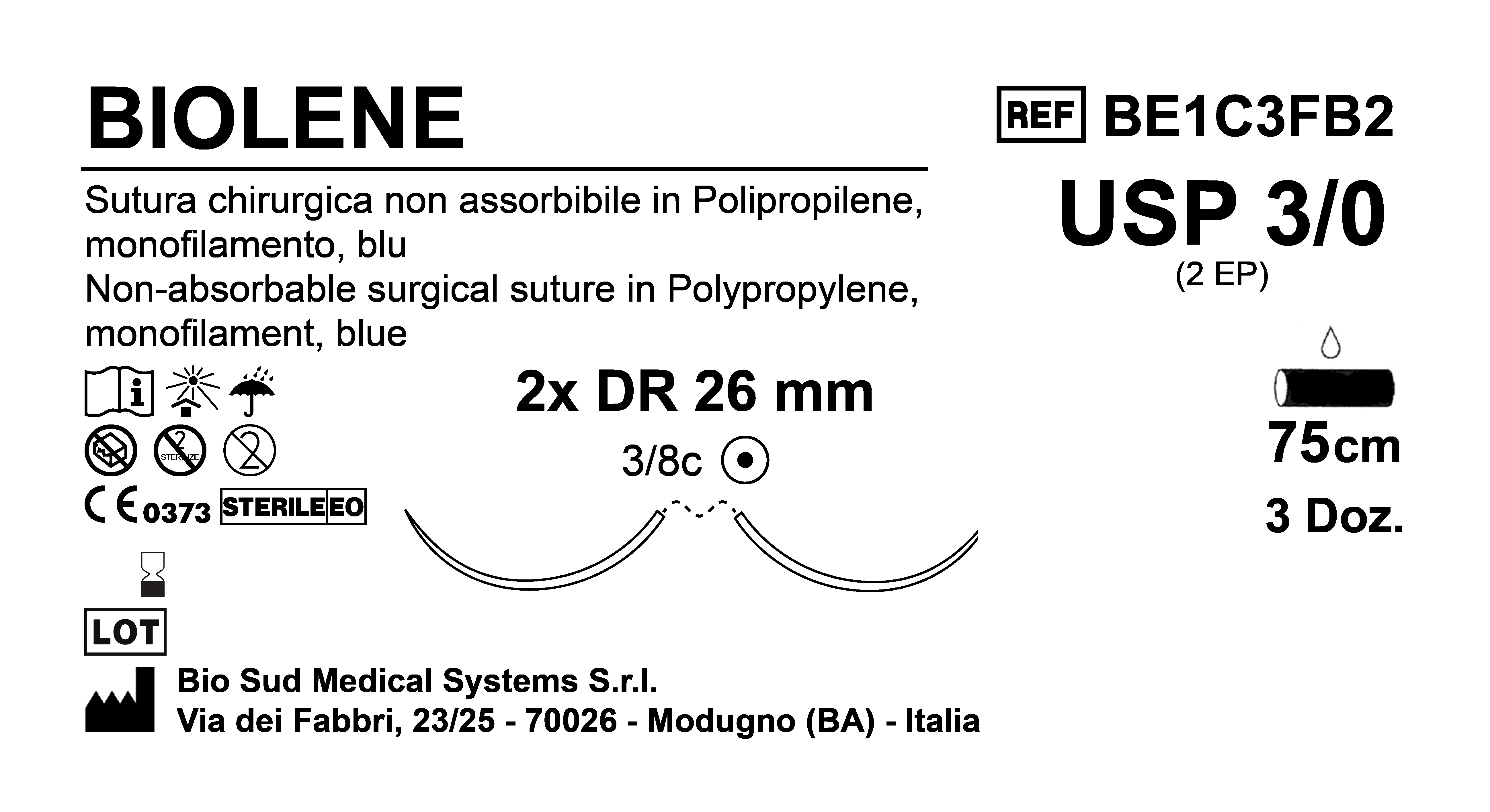 Sutura Biolene DR26 USP 3-0 - EP 2 75 cm Blue Double Armed  Box 36 pcs