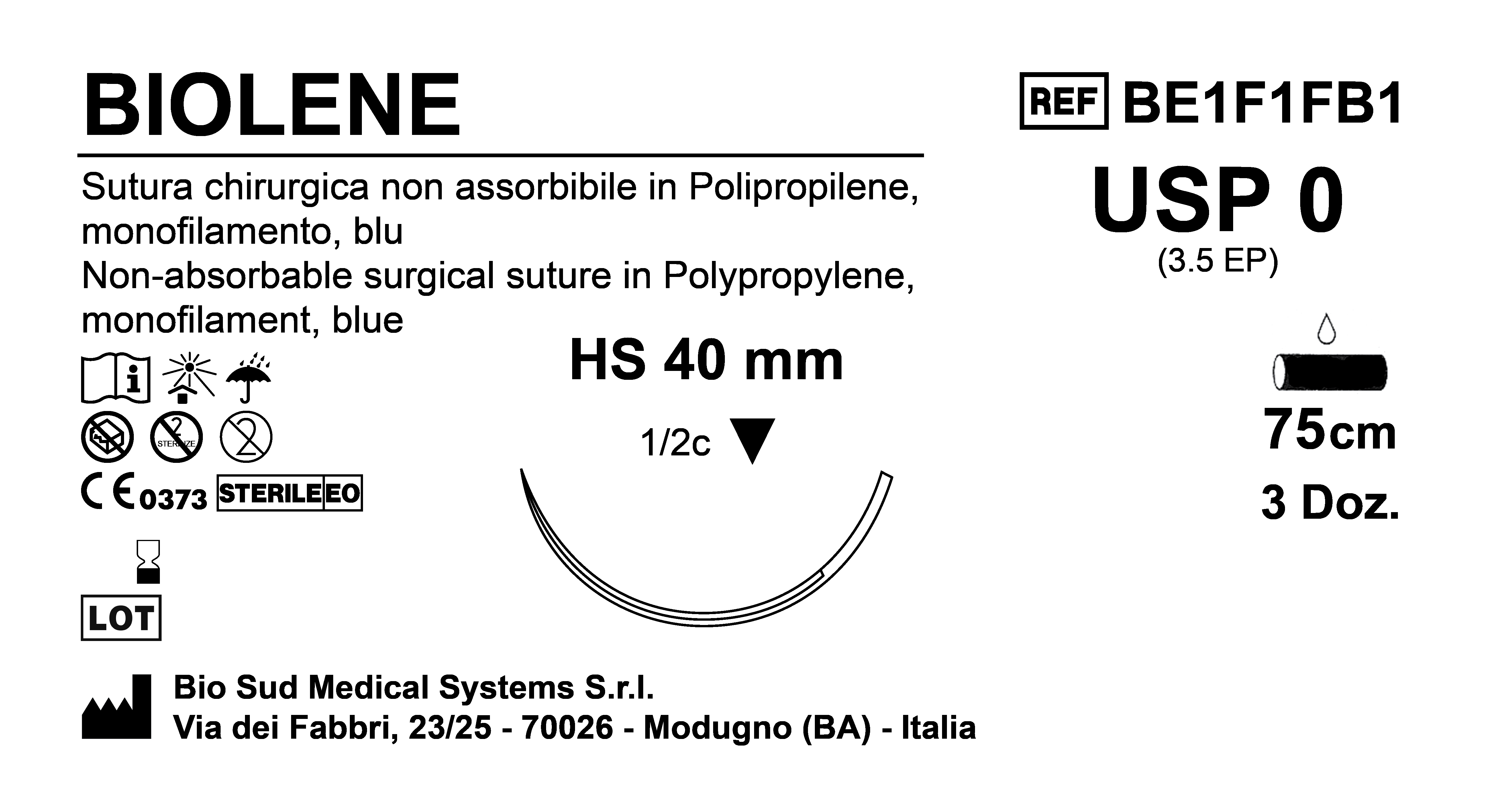 Sutura Biolene HS 40 USP 0 - EP 3.5 75 cm Blue Box 36 pcs