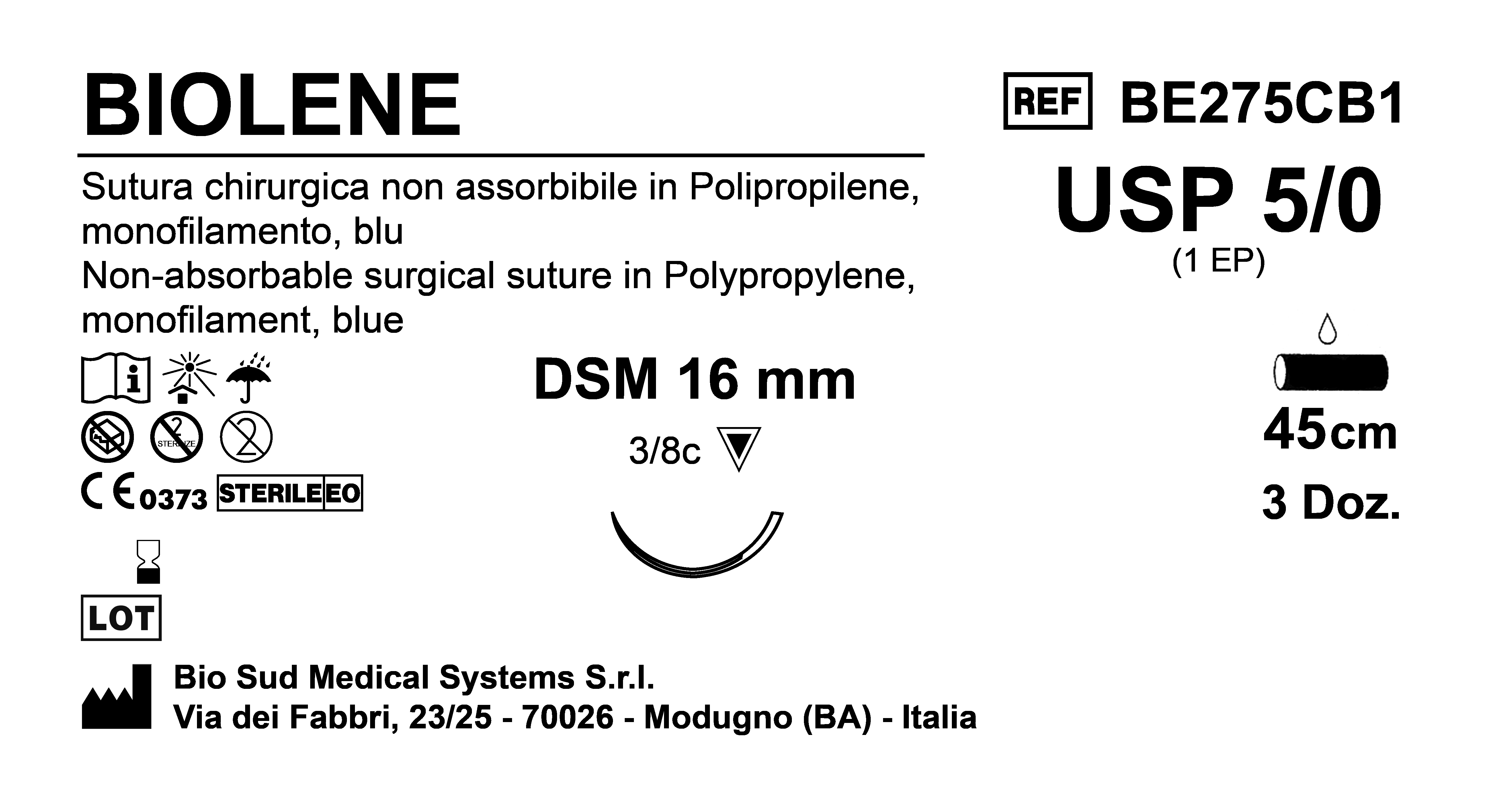 Sutura Biolene DSM16 USP 5-0 - EP 1 45 cm Blue Box 36 pcs