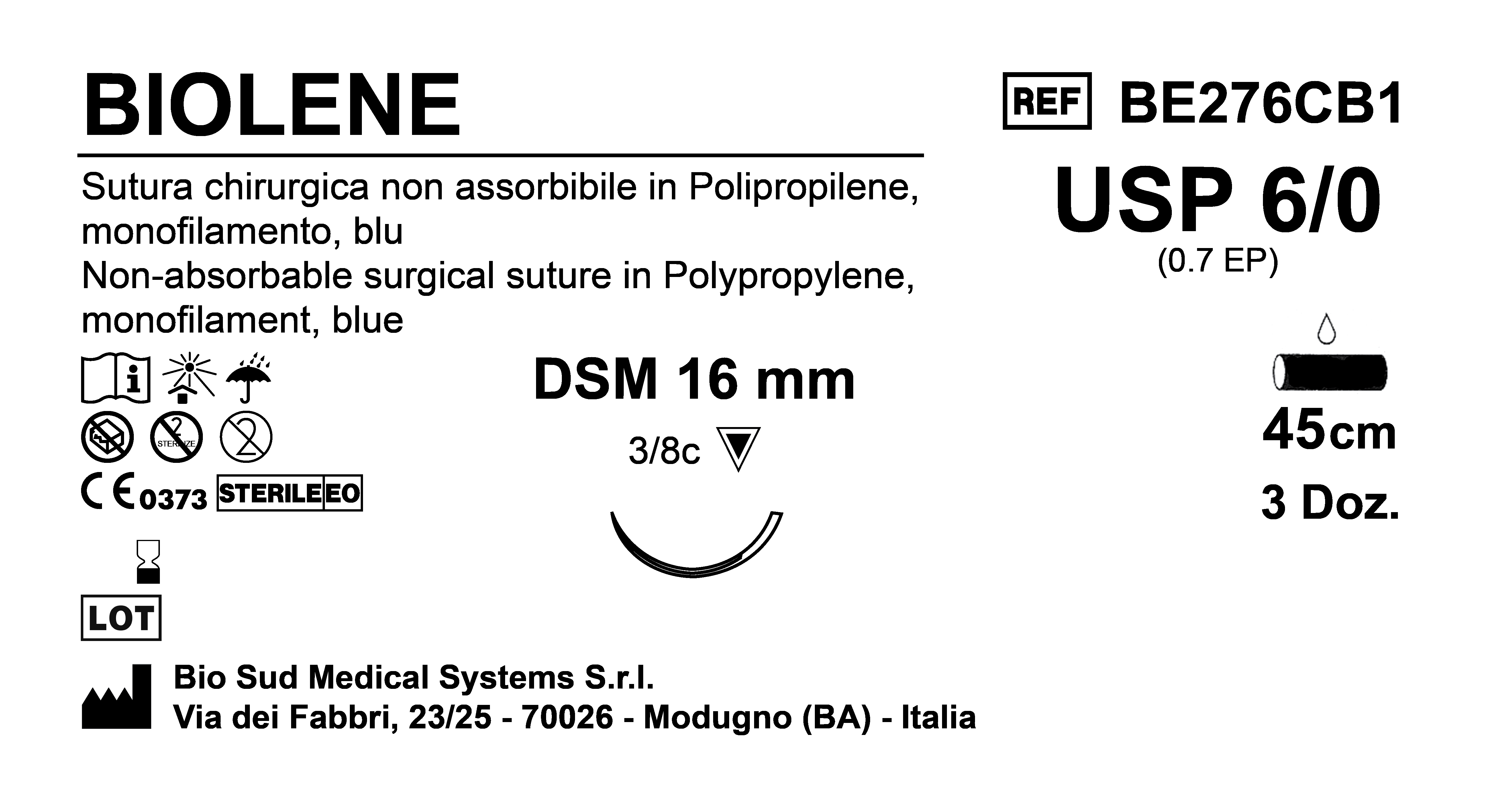 Sutura Biolene DSM16 USP 6-0 - EP 0.7 45 cm Blue Box 36 pcs