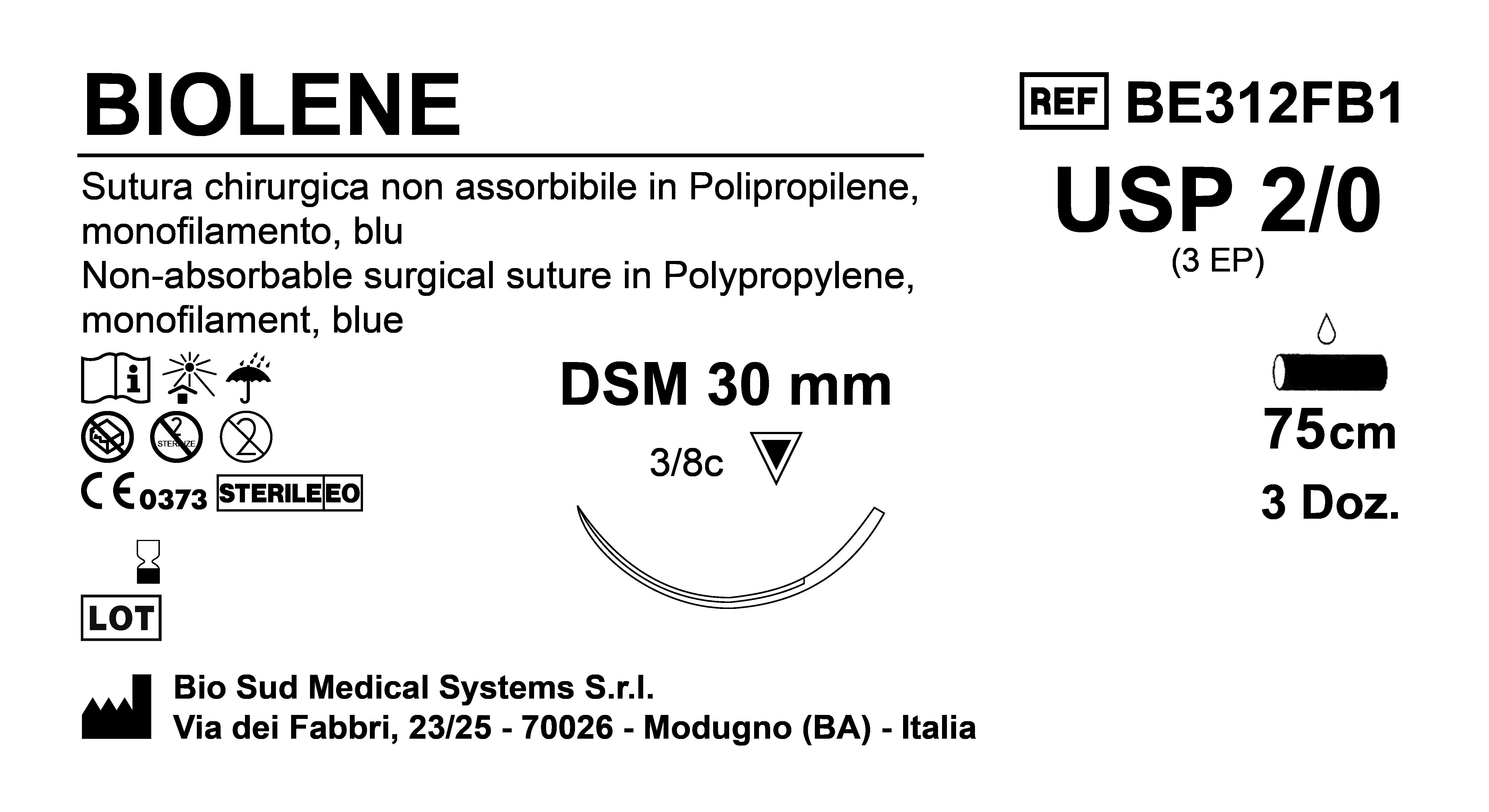 Sutura Biolene DSM30 USP 2-0 - EP 3 75 cm Blue Box 36 pcs