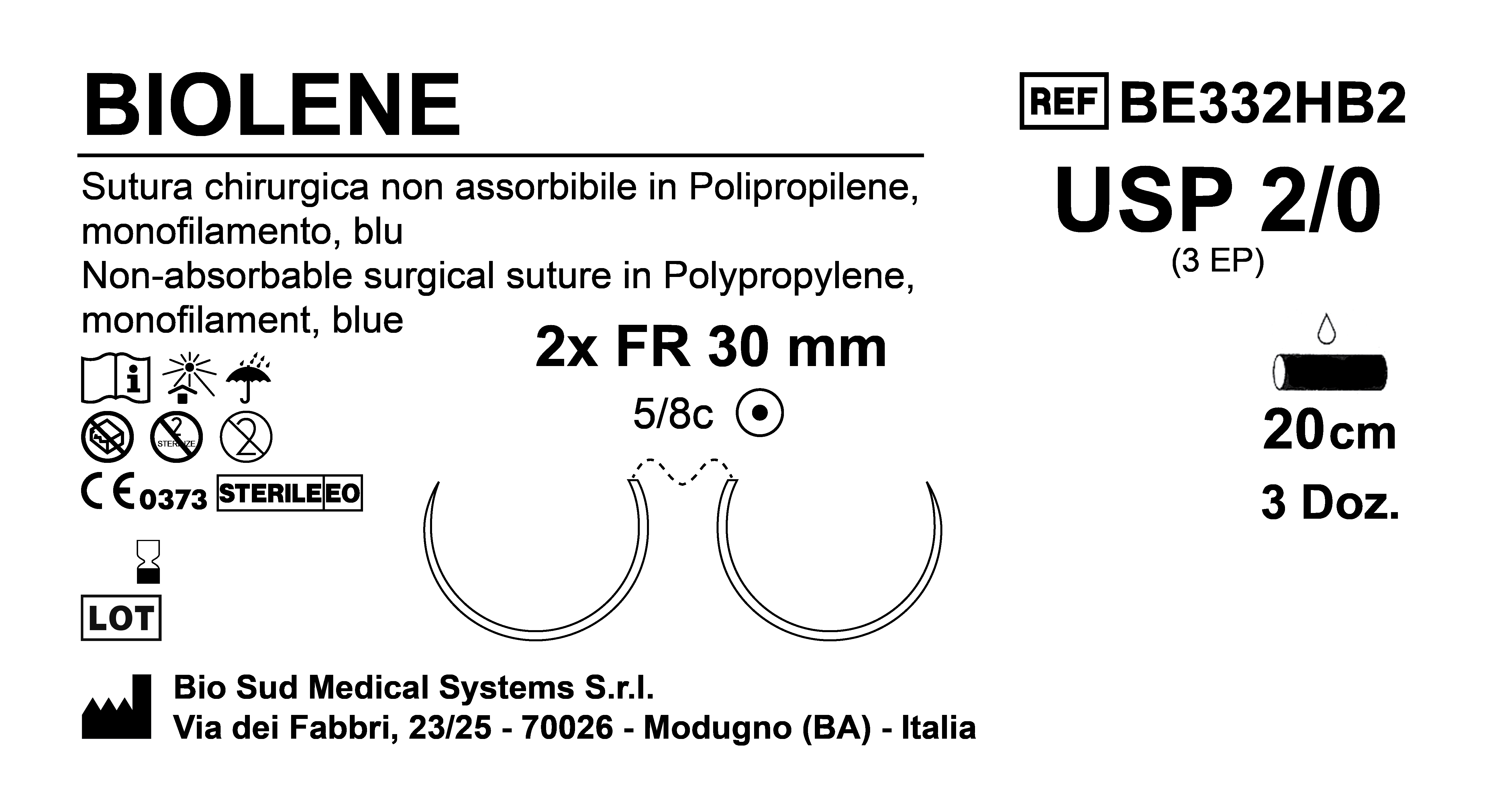 Sutura Biolene FR 30 USP 2-0 - EP 3 120 cm Blue Double Armed  Box 36 pcs