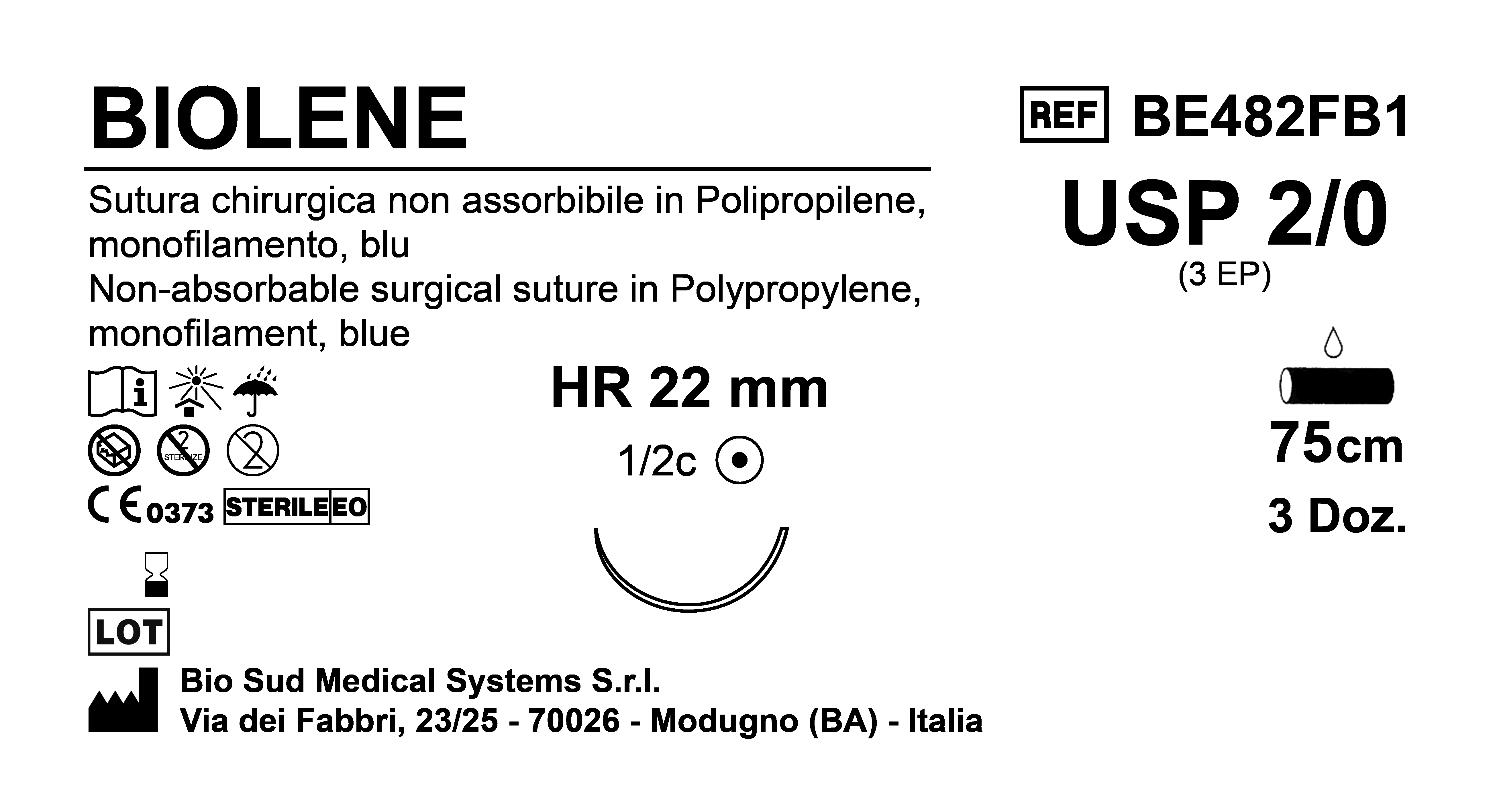 Sutura Biolene HR22 USP 2-0 - EP 3 75 cm Blue Box 36 pcs
