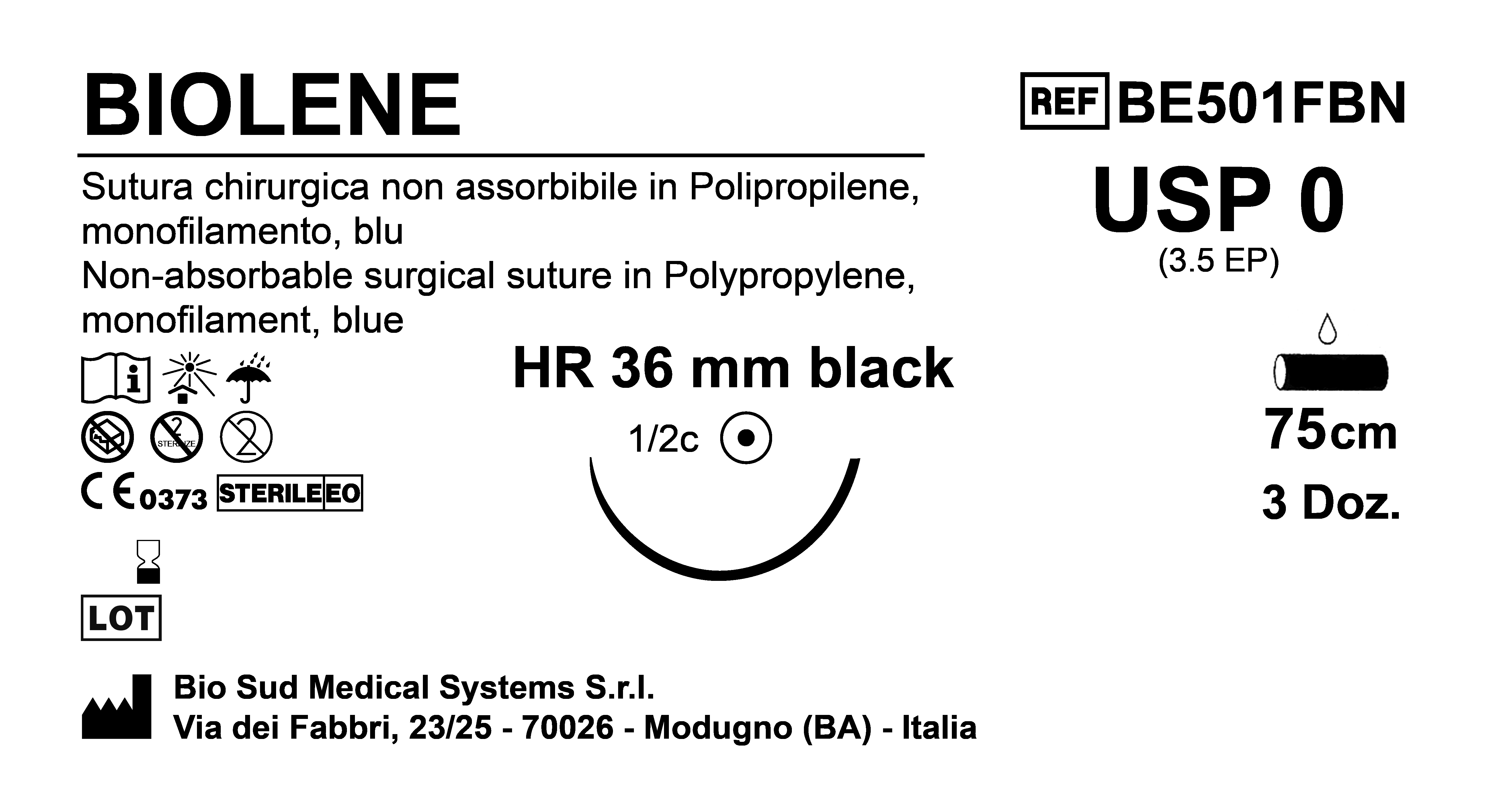 Sutura Biolene HR36 USP 0 - EP 3.5 75 cm Blue Black Needle  Box 36 pcs
