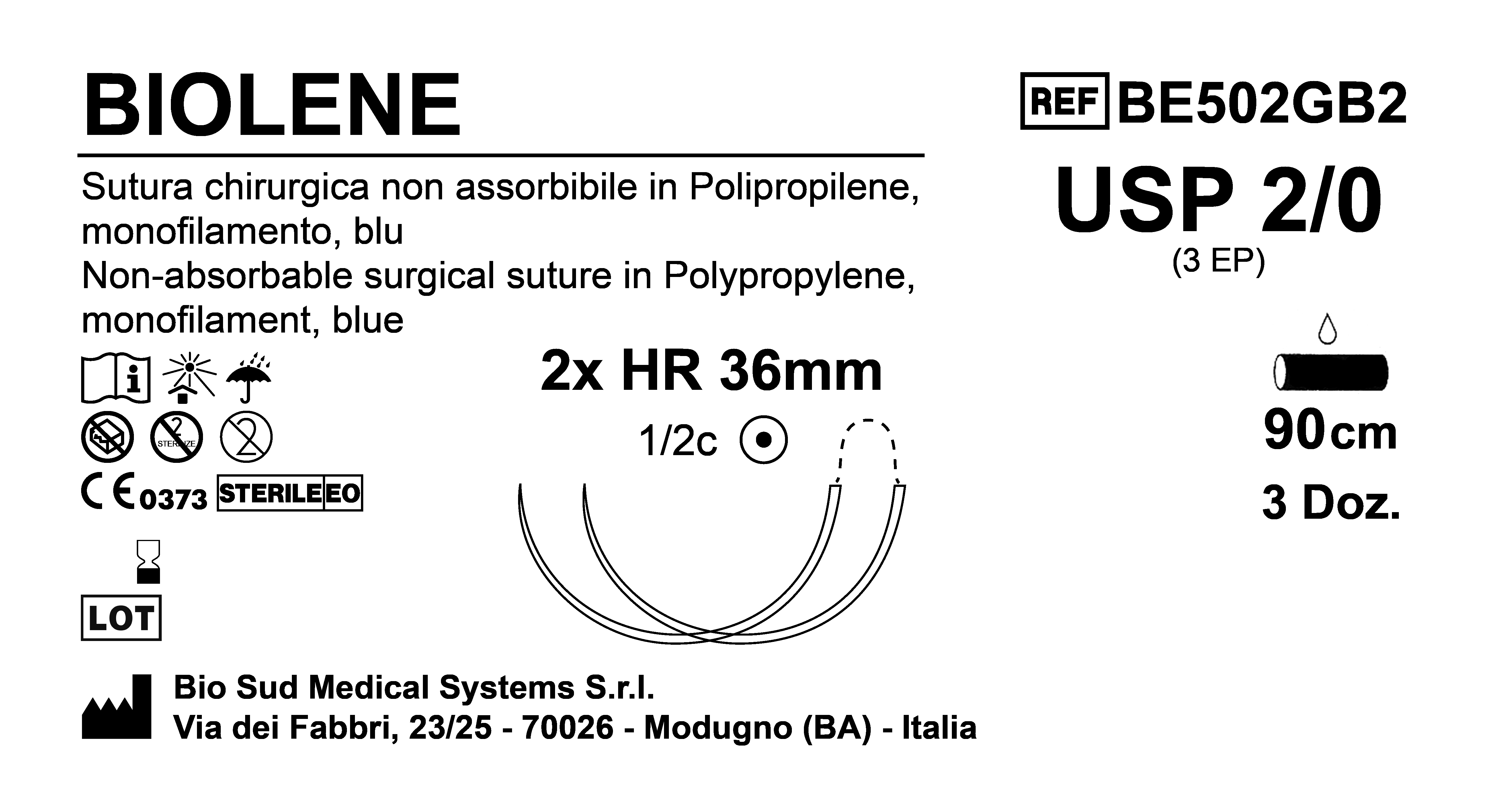 Sutura Biolene HR36 USP 2-0 - EP 3 90 cm Blue Double Armed  Box 36 pcs