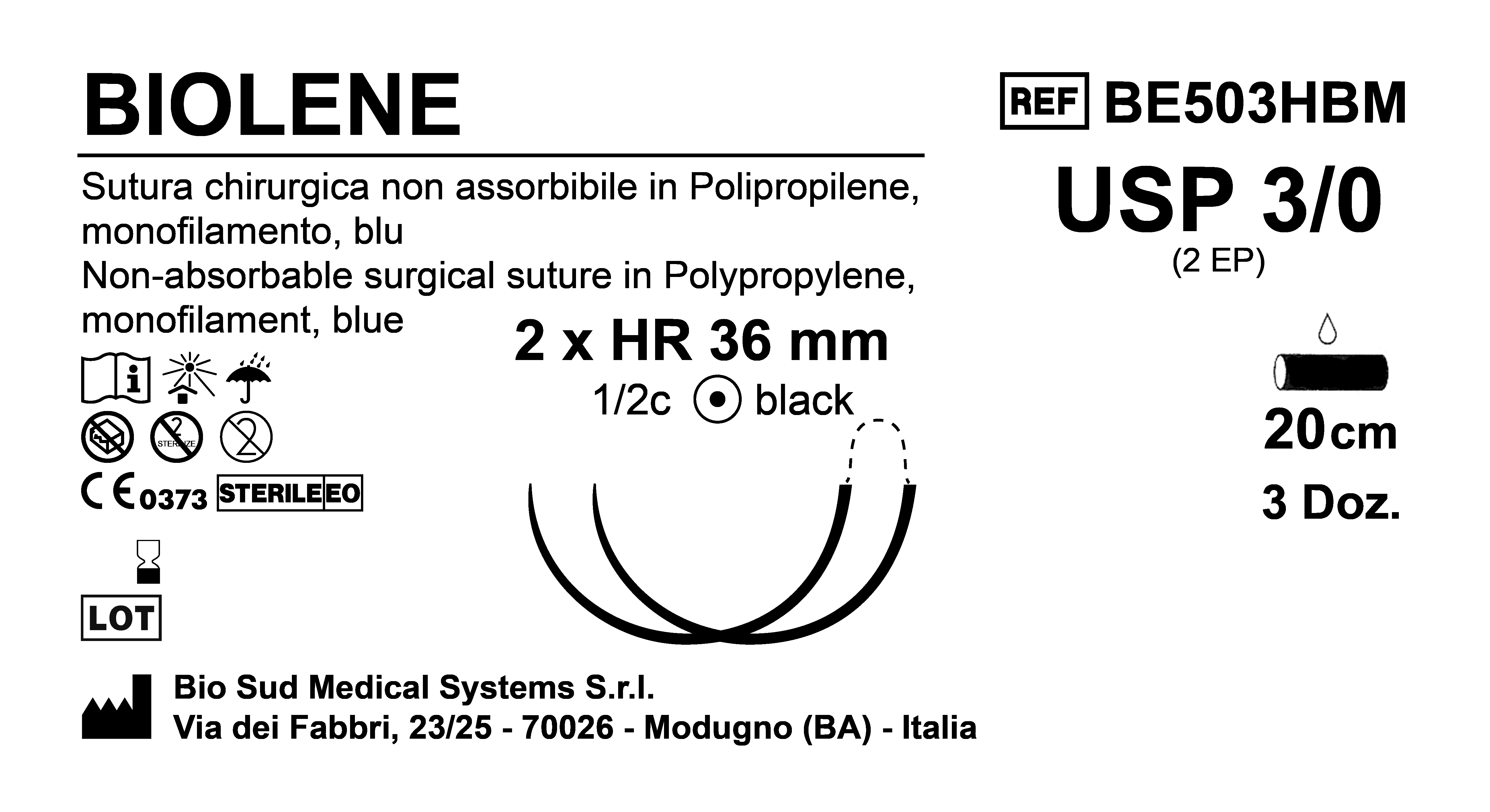 Sutura Biolene HR 36 USP 3-0 - EP 2 120 cm Blue Doub.Arm. Black Needle Box 36 pcs