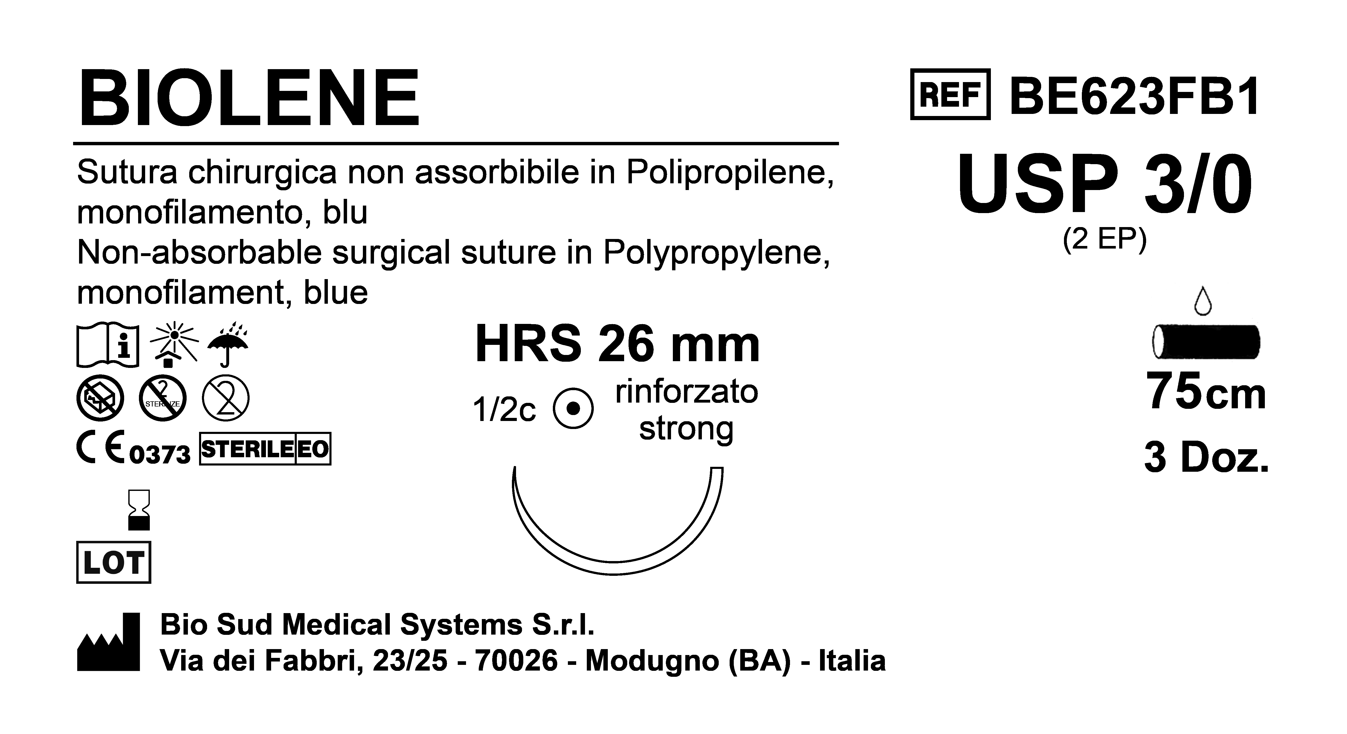 Sutura Biolene HRS26 USP 3-0 - EP 2 75 cm Blue Box 36 pcs