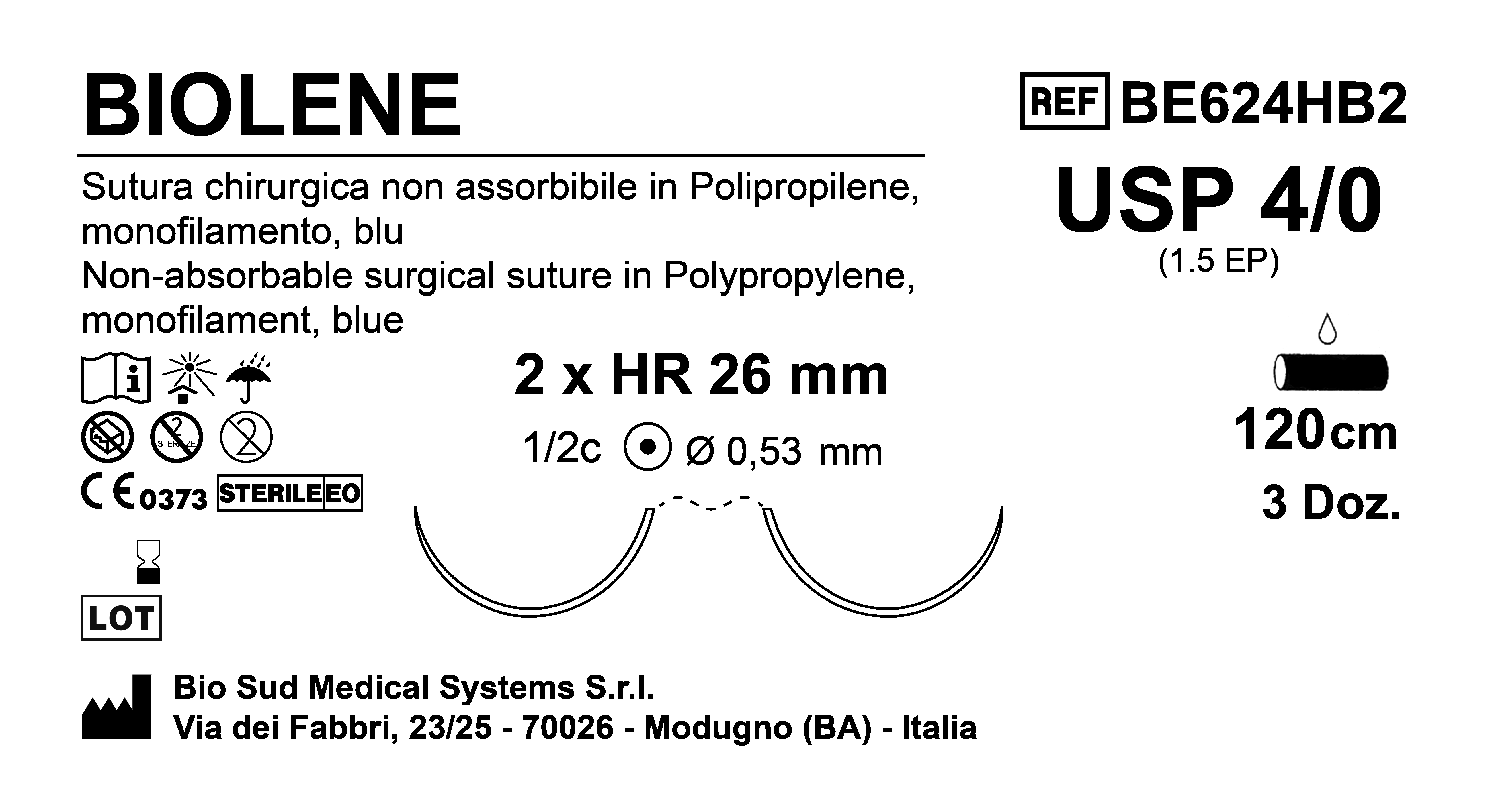 Sutura Biolene HRS26 USP 4-0  - EP 1.5 120 cm Blue Double Armed  Box 36 pcs