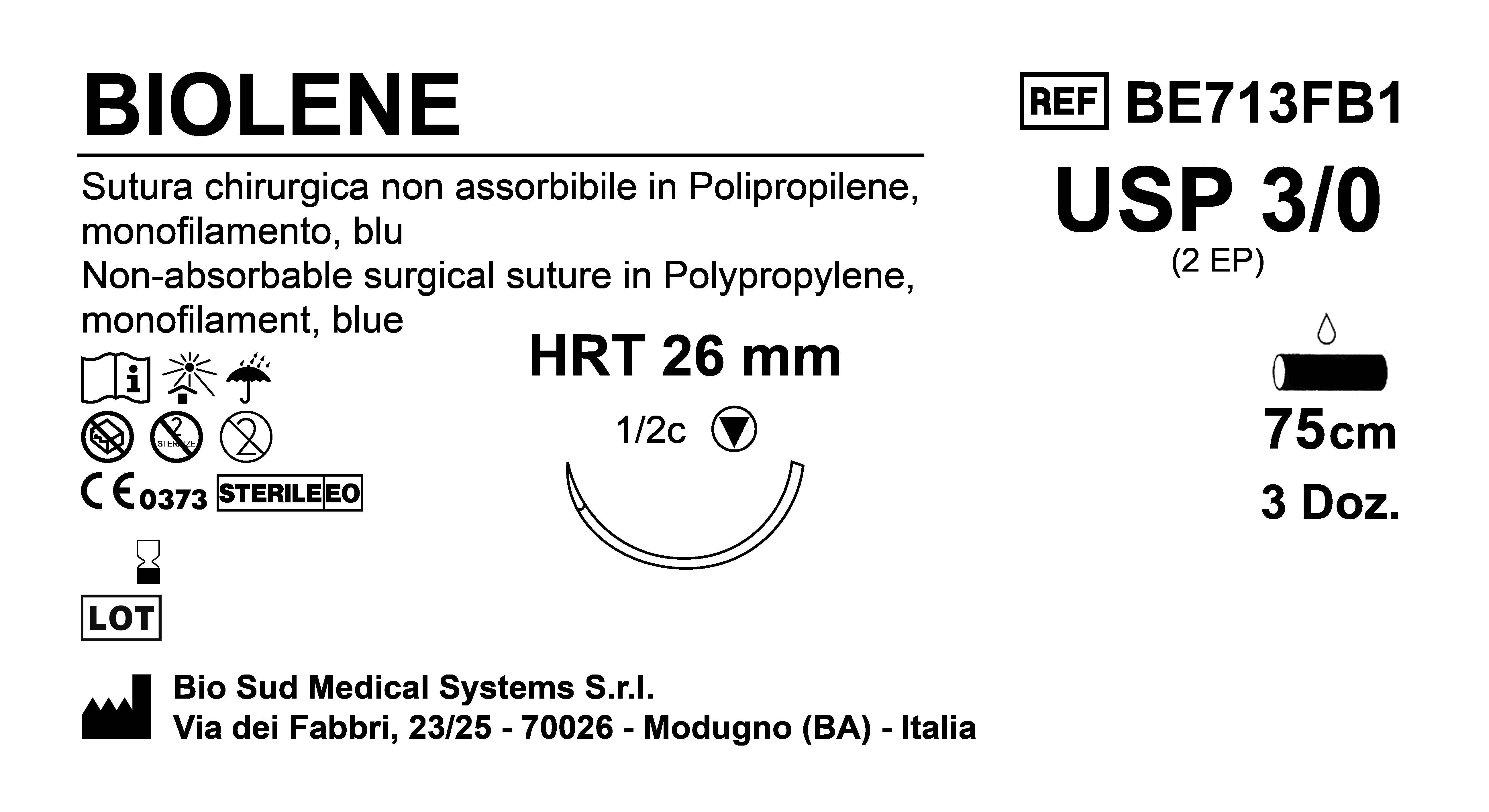 Sutura Biolene HRT26 USP 3-0 - EP 2 75 cm Blue Box 36 pcs