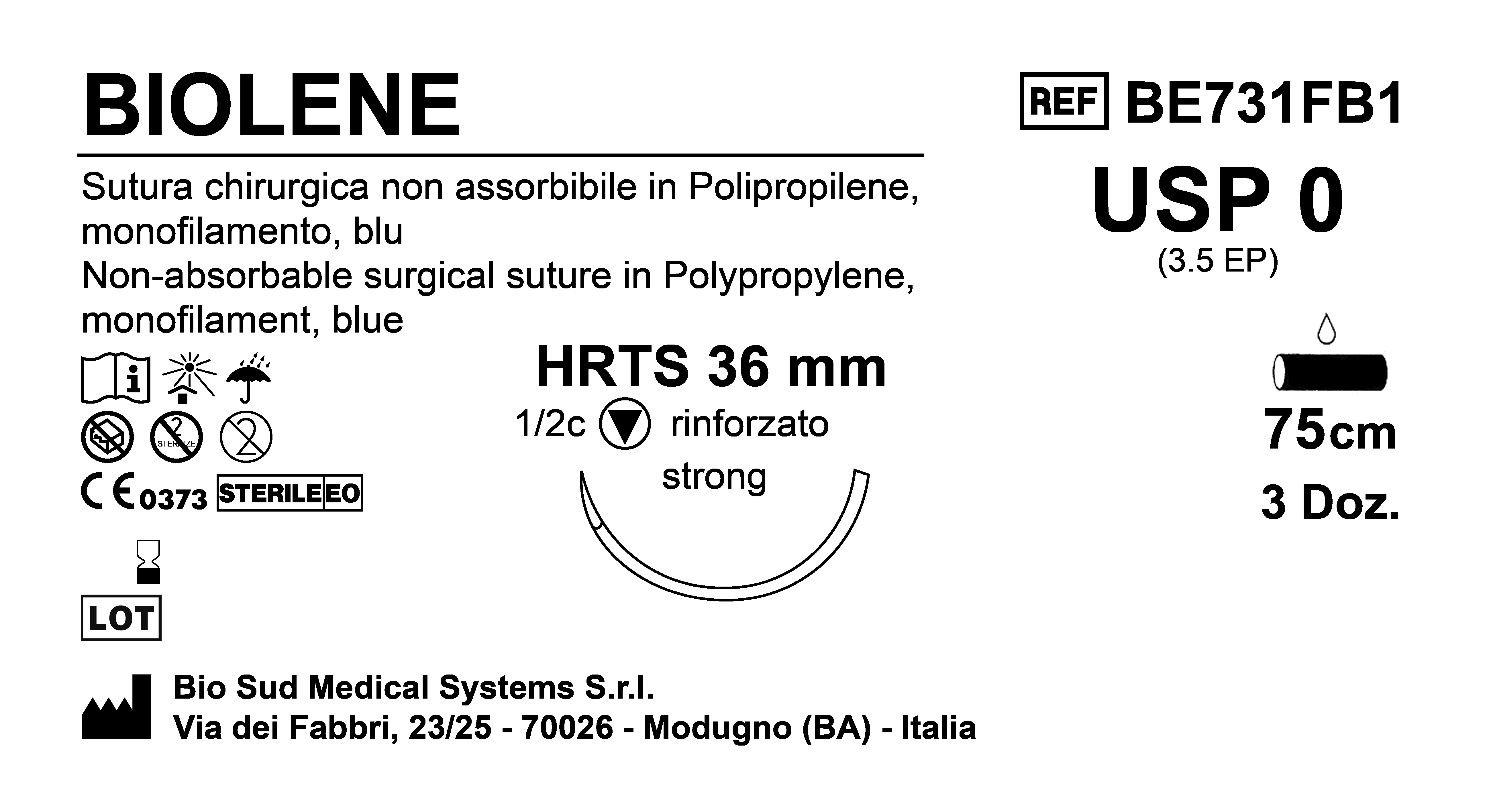 Sutura Biolene HRTS36 USP 0 - EP 3.5 75 cm Blue Box 36 pcs