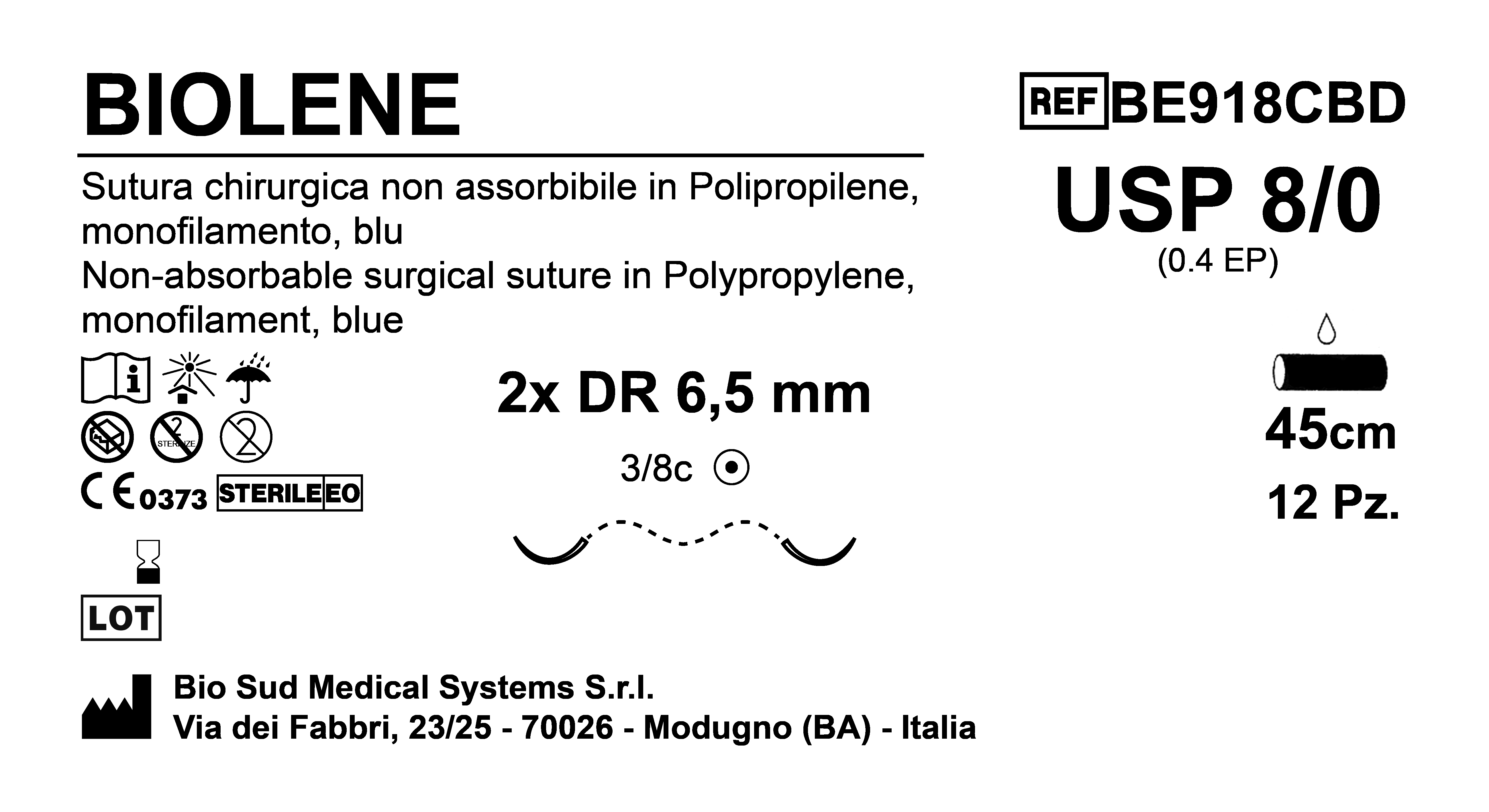 Sutura Biolene DR 6.5 USP 8-0 - EP 0.4 45 cm Blue Double Armed  N.12 Bs. per Box