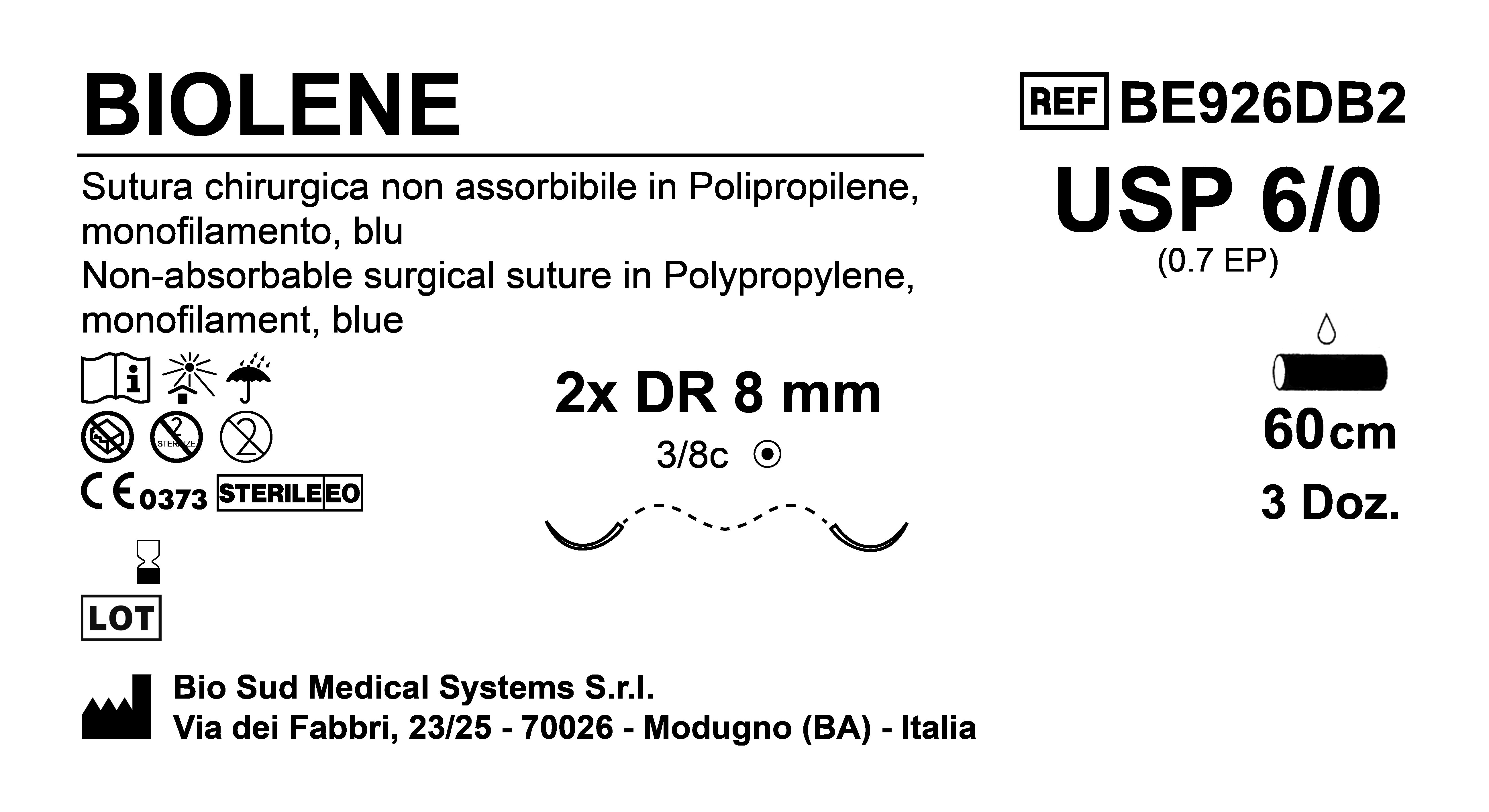 Sutura Biolene DR8 USP 6-0 - EP 0.7 60 cm Blue Double Armed  Box 36 pcs