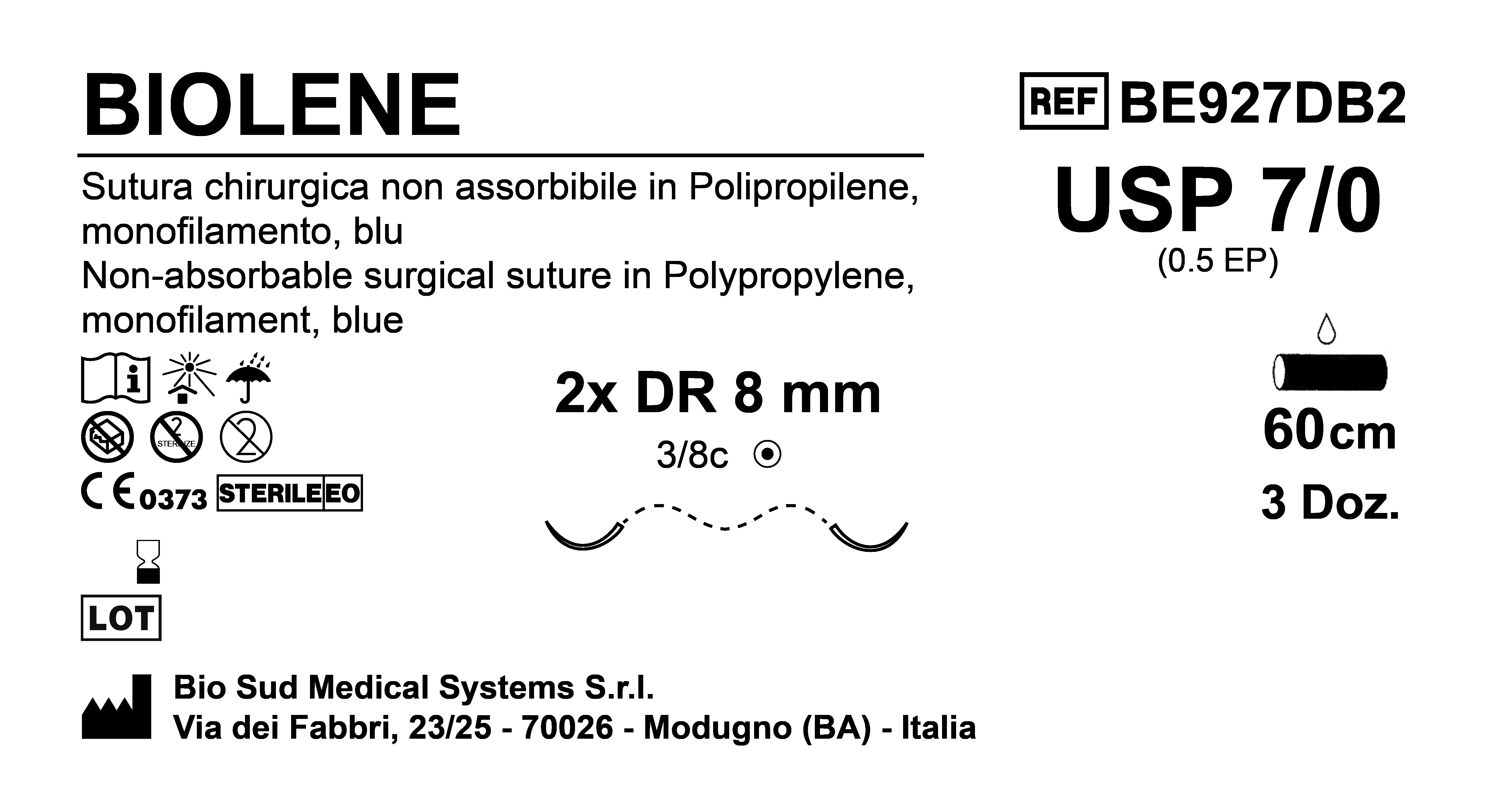Sutura Biolene DR8 USP 7-0 - EP 0.5 60 cm Blue Double Armed  Box 36 pcs