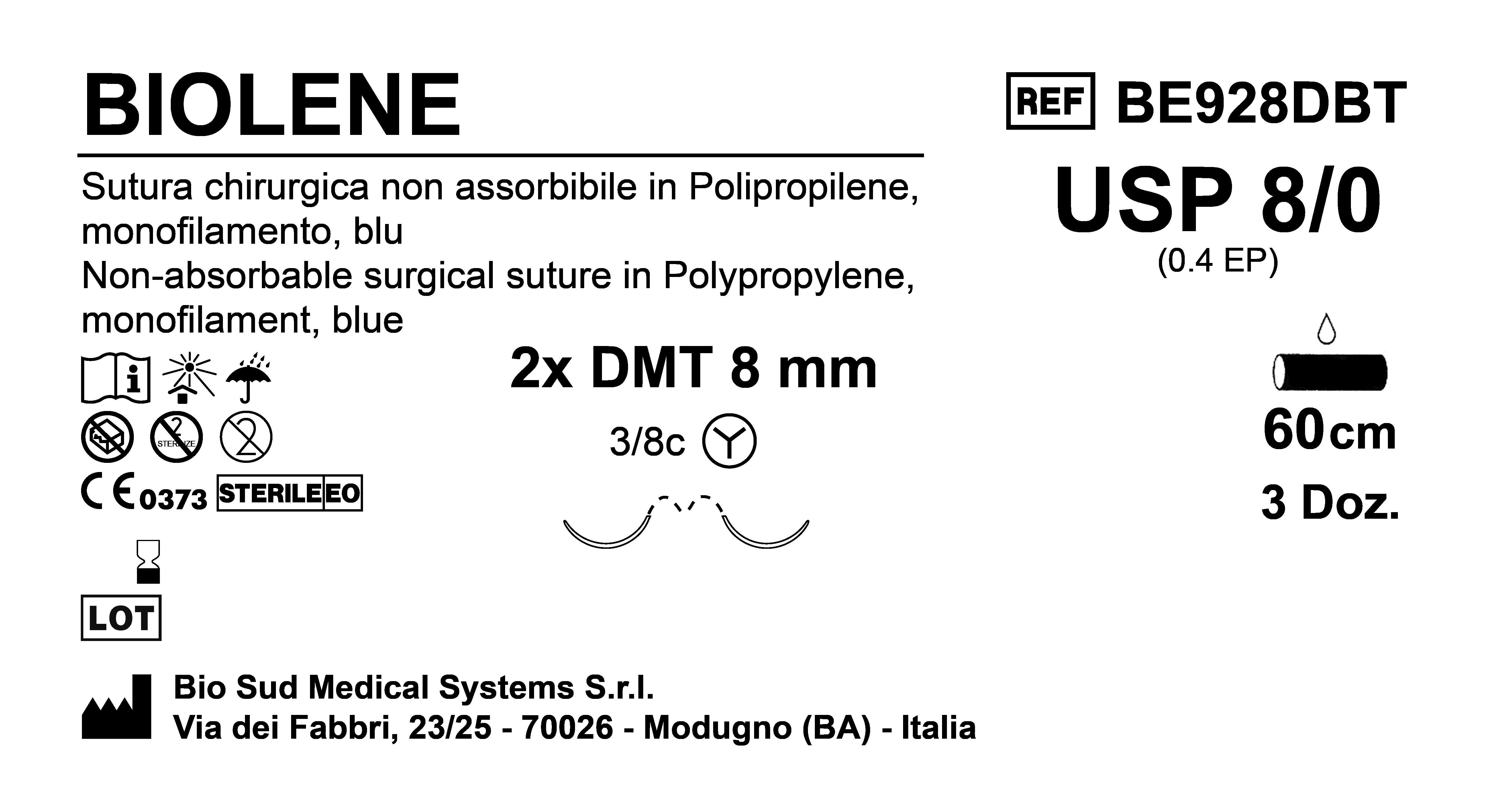 Sutura Biolene DMT8 USP 8-0 - EP 0.4 60 cm Blue Double Needle MicroTapercut Box 36 pcs