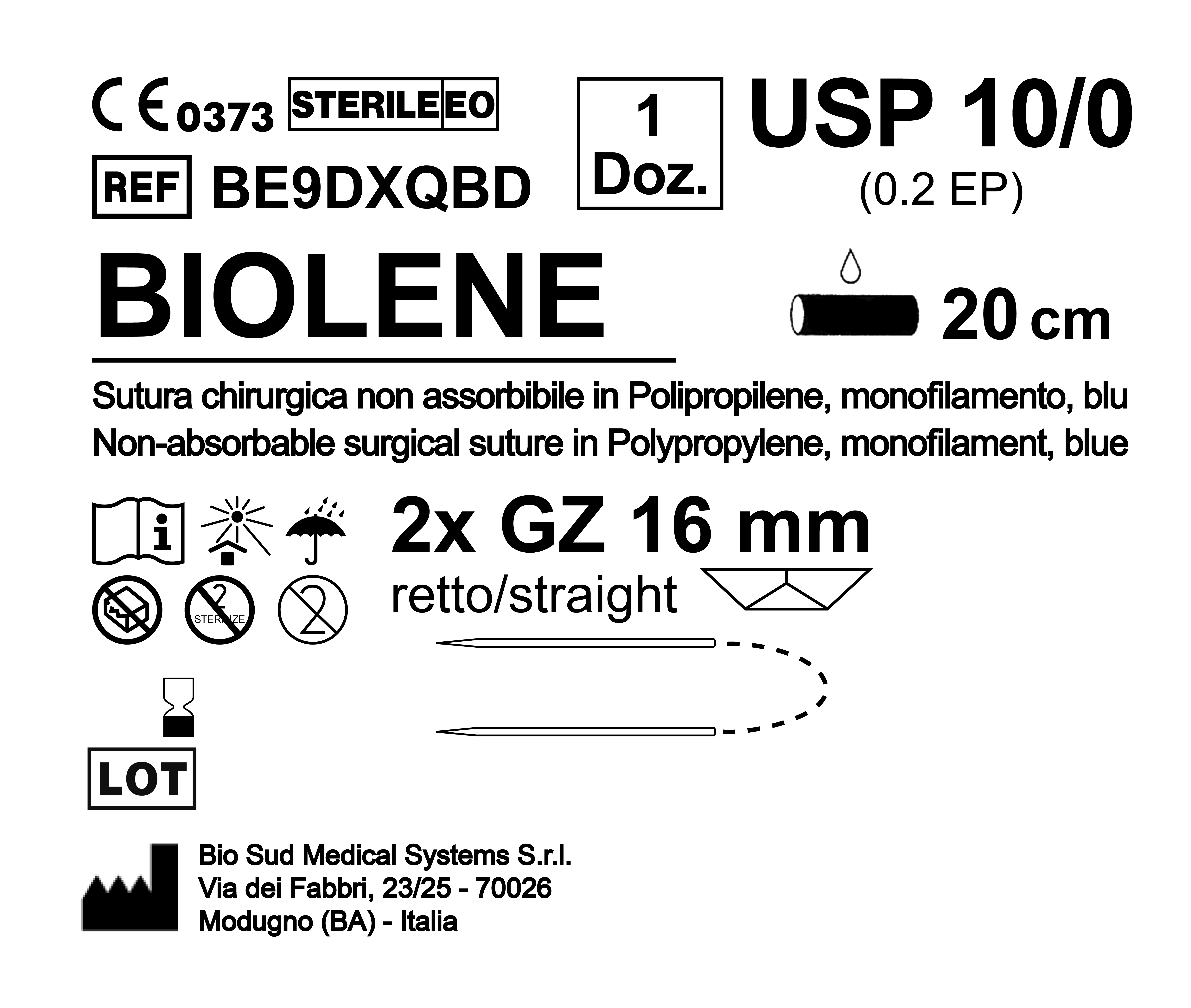 Sutura Biolene GZ 16 USP 10-0 - EP 0.2 20 cm Blue Double Armed  N.12 Bs. per Box
