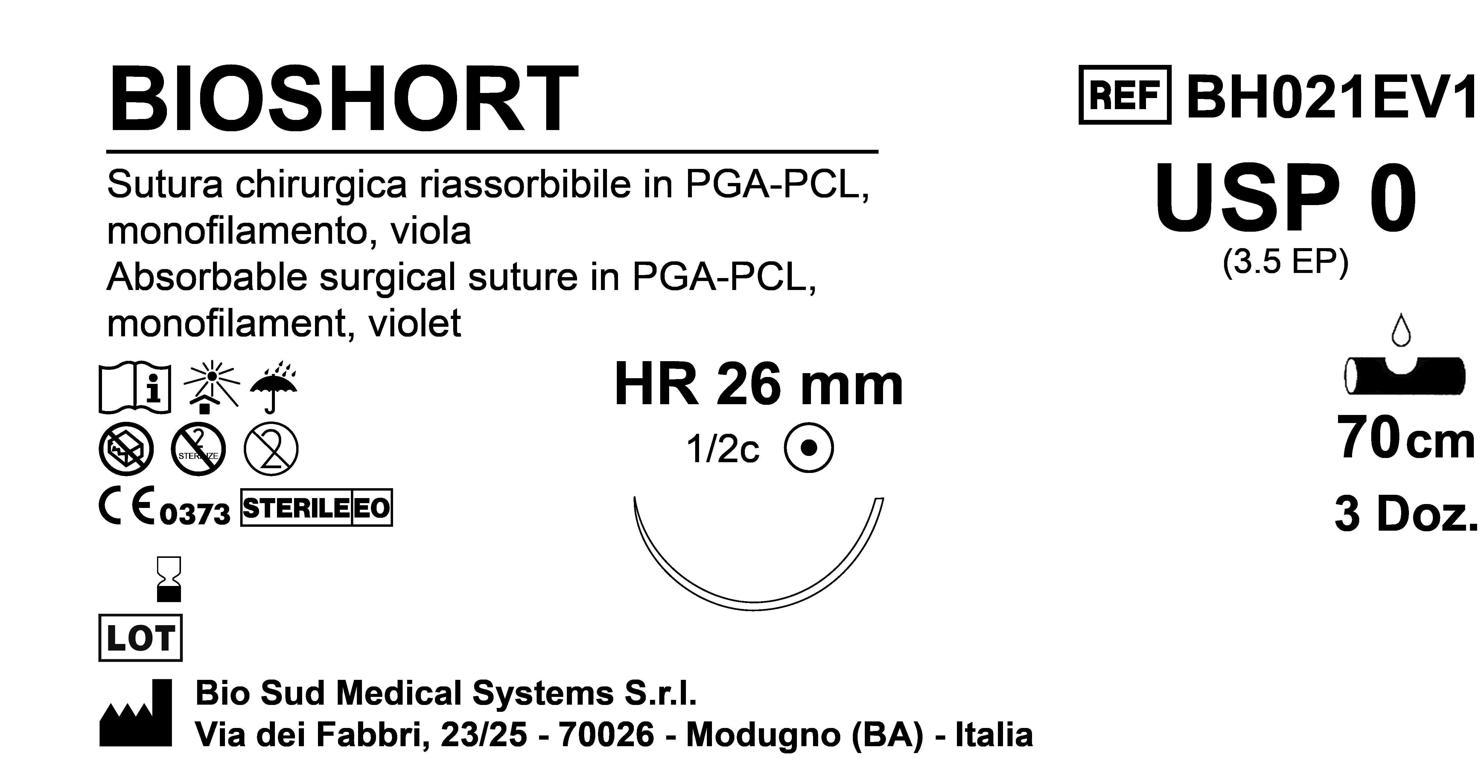 Sutura Bioshort HR26 USP 0 - EP 3.5 70 cm Violet Box 36 pcs