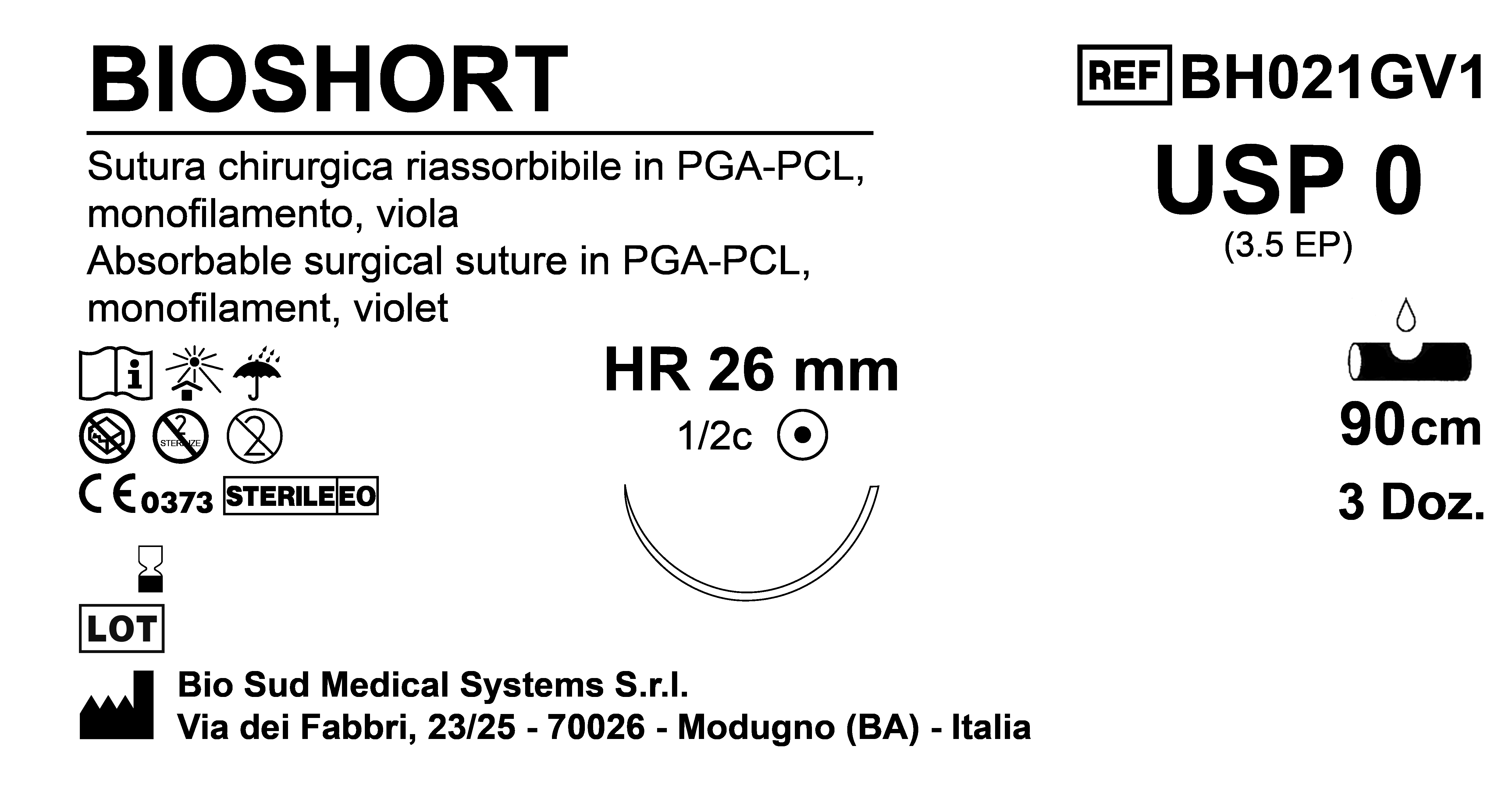 Sutura Bioshort HR26 USP 0 - EP 3.5 90 cm Violet Box 36 pcs
