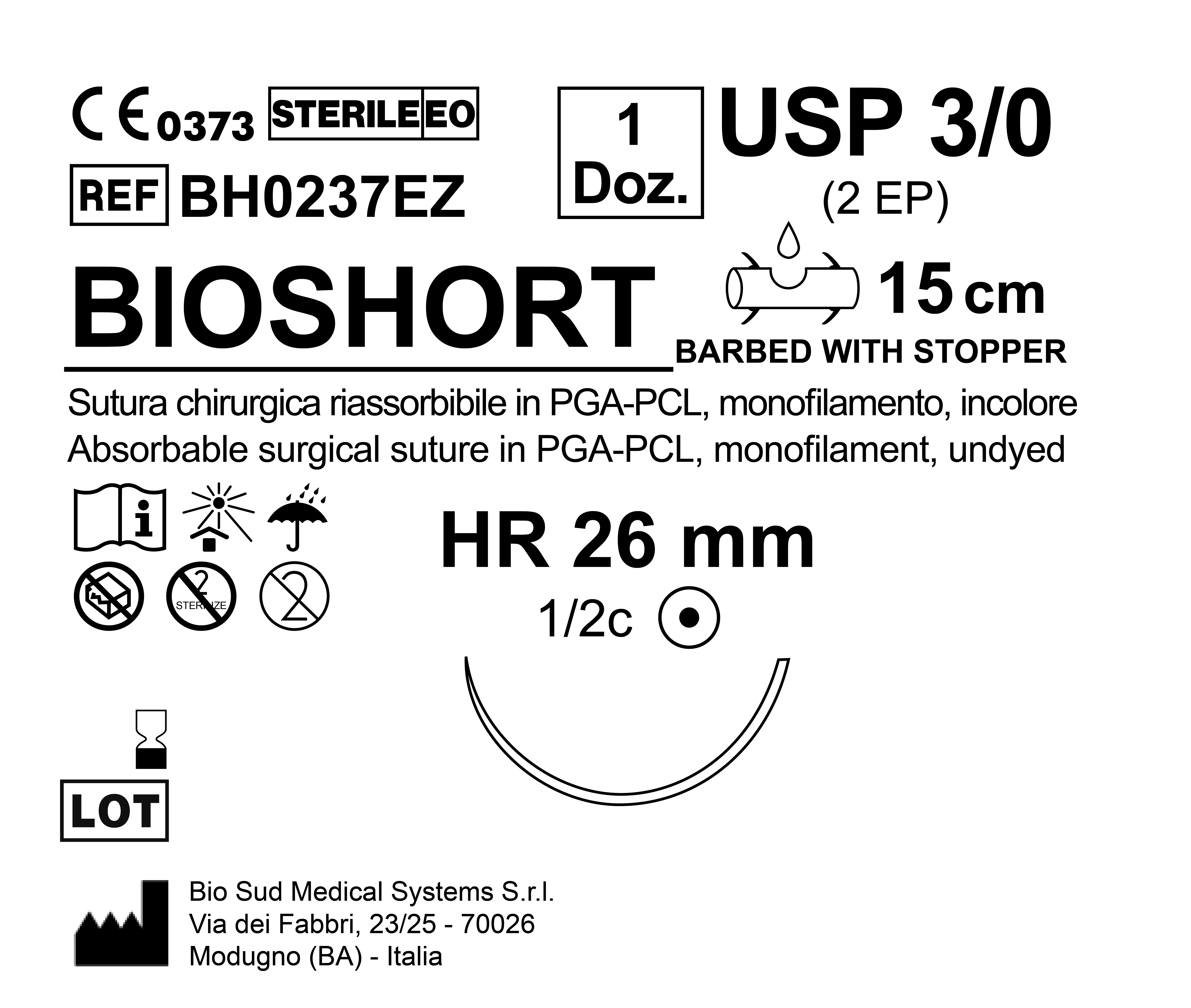 Sutura Bioshort HR 26 USP 3-0 - EP 2 15 cm Undyed Barbed Box 12 pcs