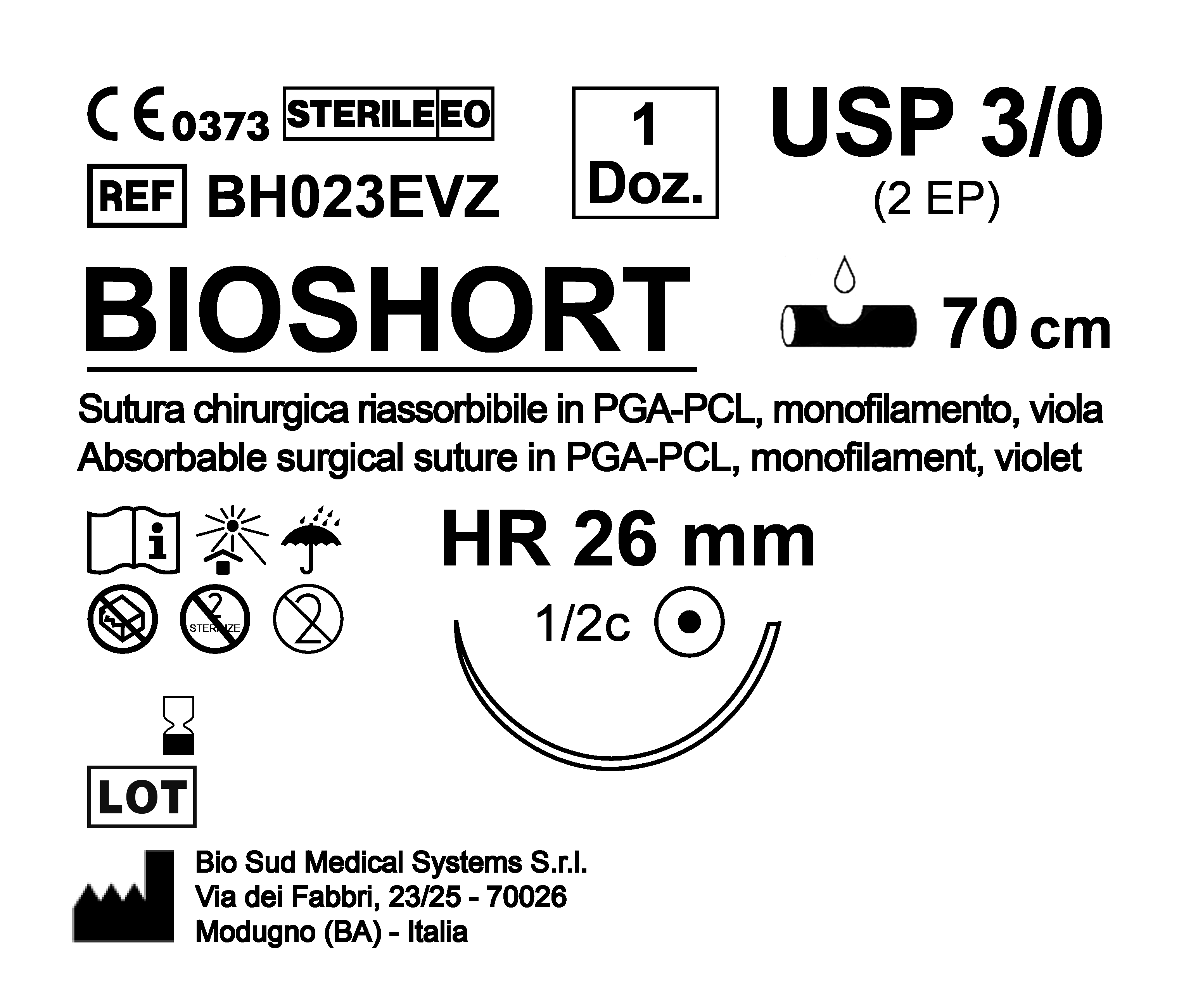 Sutura Bioshort HR 26 USP 3-0 - EP 2 70 cm Violet Box 12 pcs