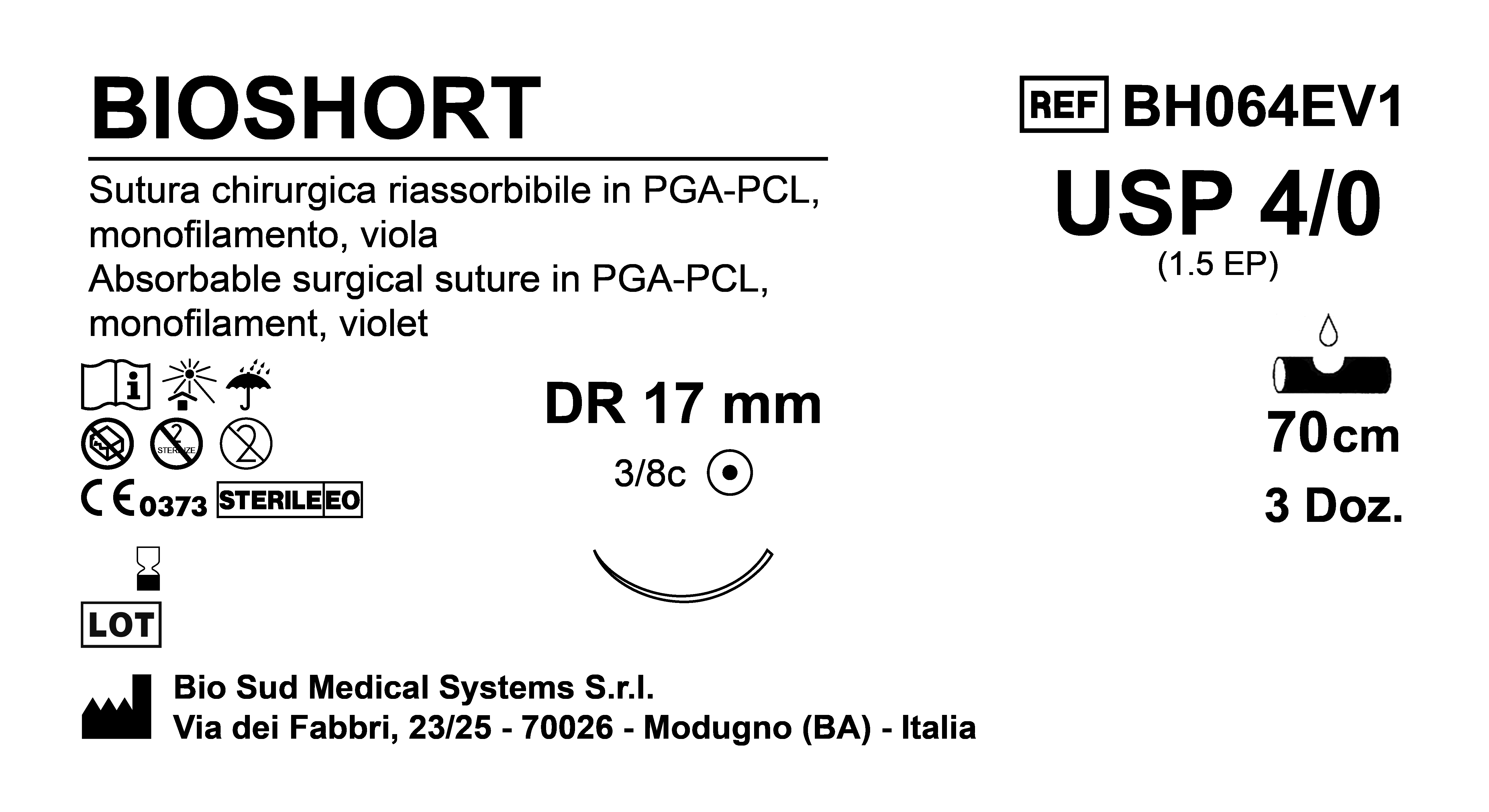 Sutura Bioshort DR17 USP 4-0  - EP 1.5 70 cm Violet Box 36 pcs