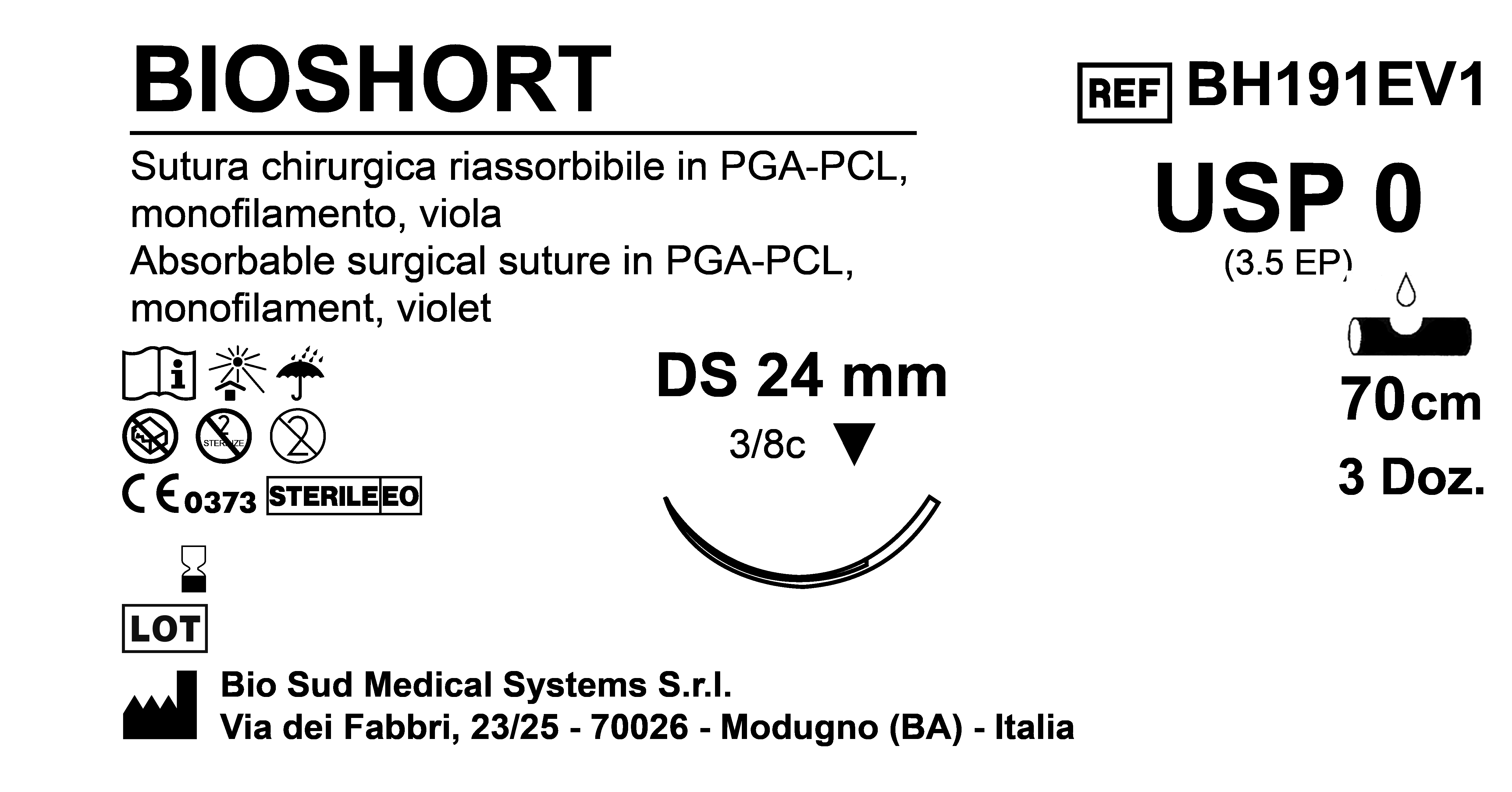 Sutura Bioshort DS 24 USP 0 - EP 3.5 70 cm Violet Box 36 pcs