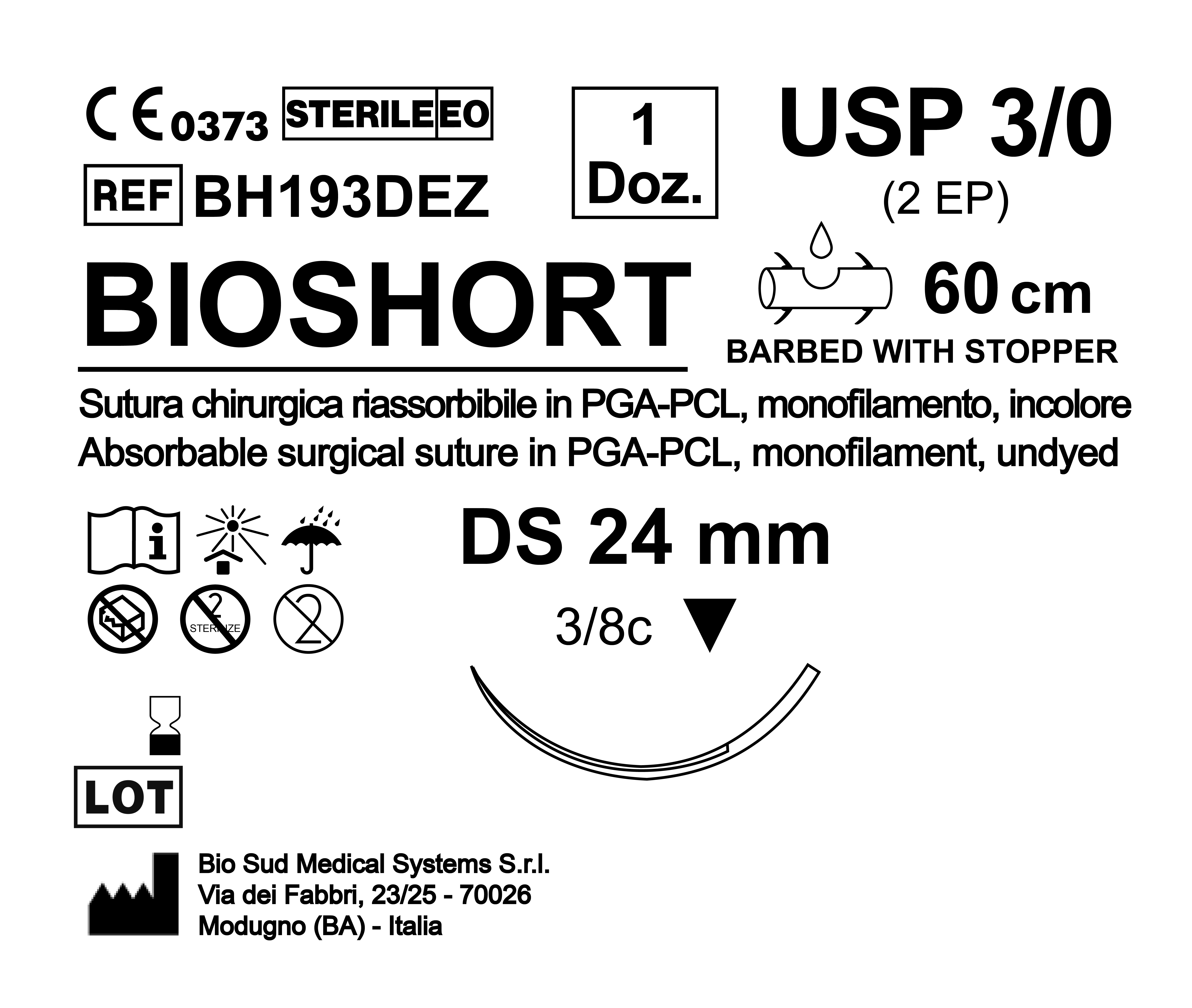 Sutura Bioshort DS 24 USP 3-0 - EP 2 60 cm Undyed Barbed Box 12 pcs