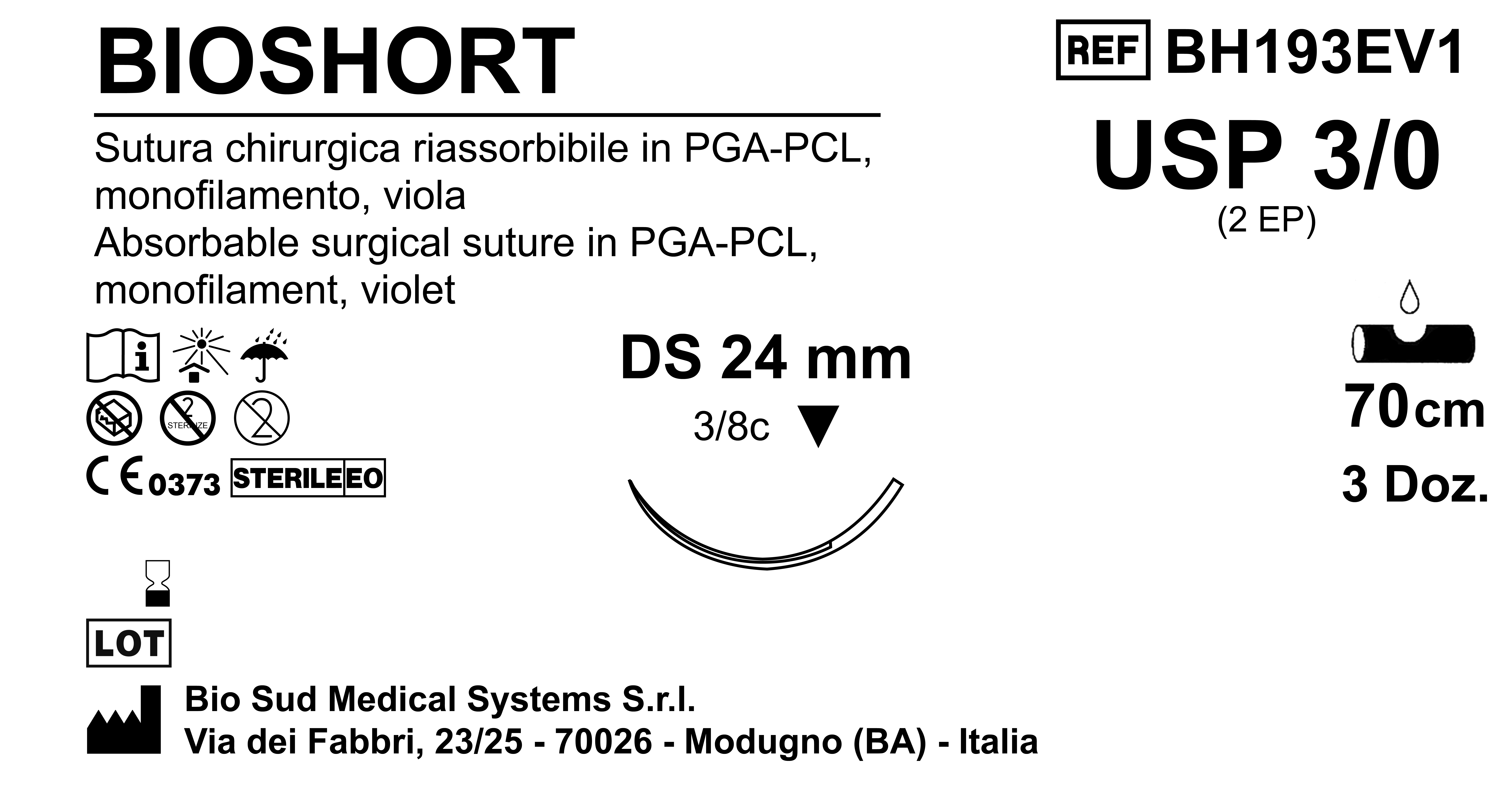 Sutura Bioshort DS24 USP 3-0 - EP 2 70 cm Violet Box 36 pcs