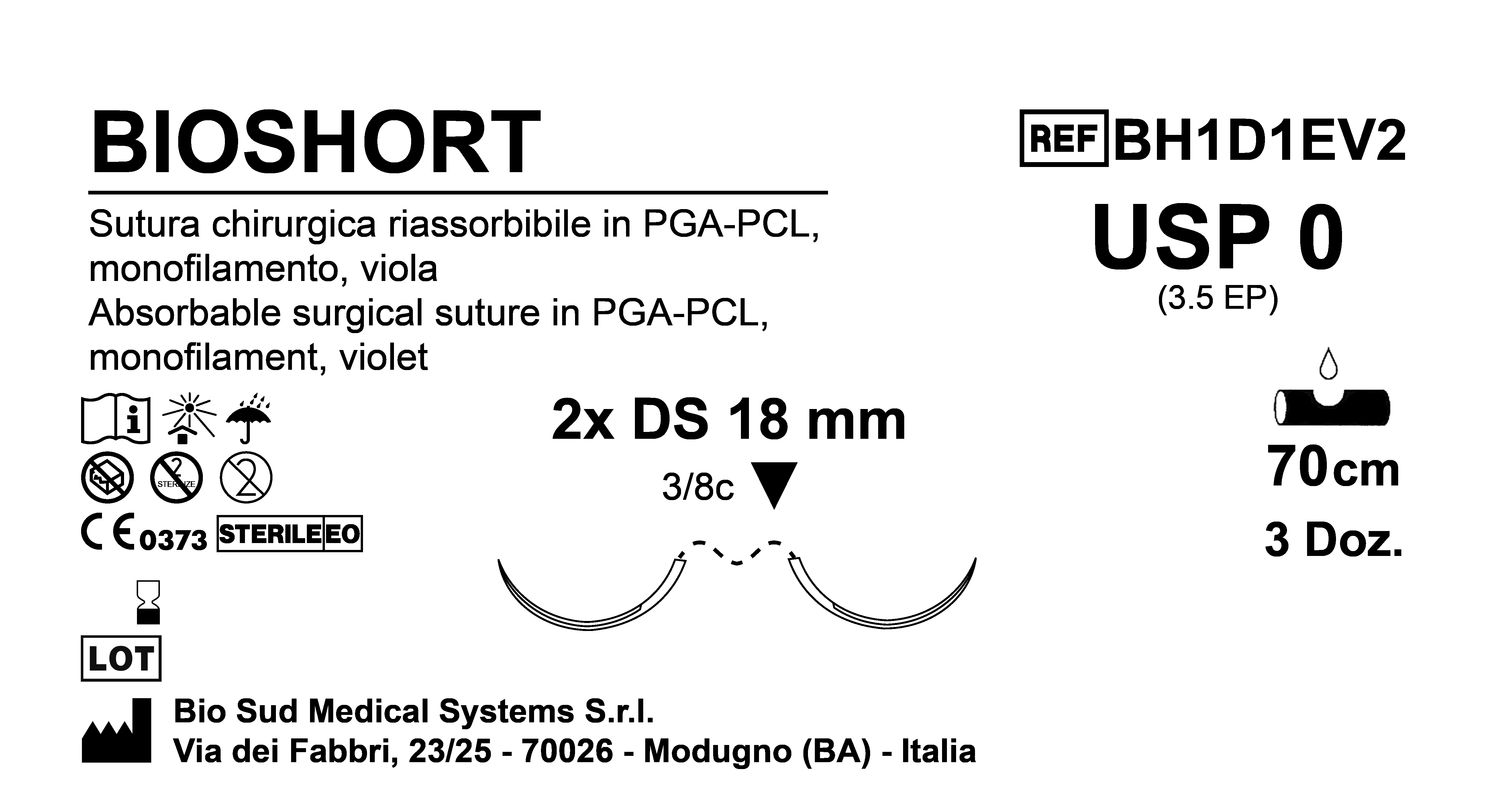 Sutura Bioshort DS 18 USP 0 - EP 3.5 70 cm Violet Double Armed  Box 36 pcs