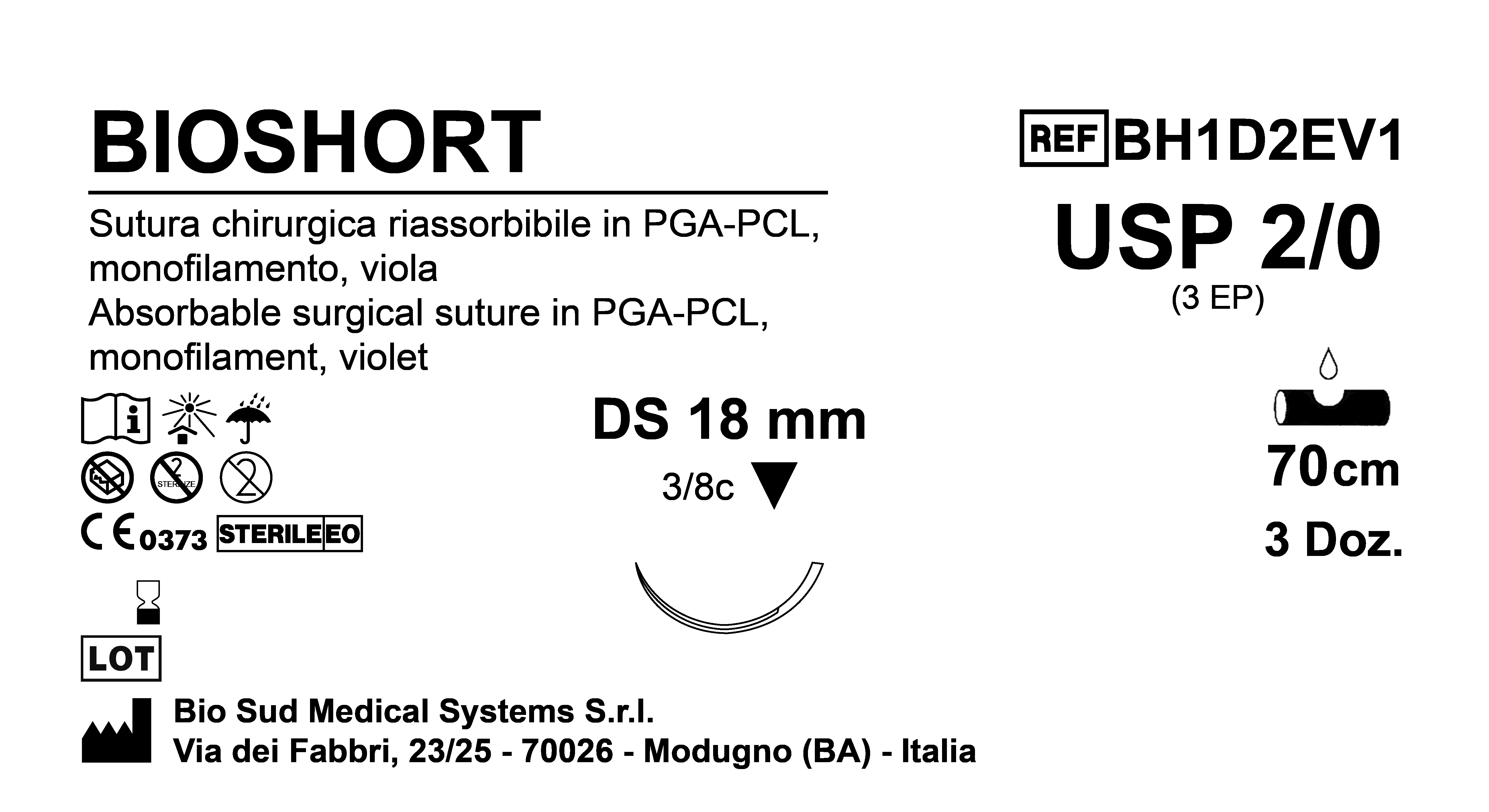 Sutura Bioshort DS18 USP 2-0 - EP 3 70 cm Violet Box 36 pcs