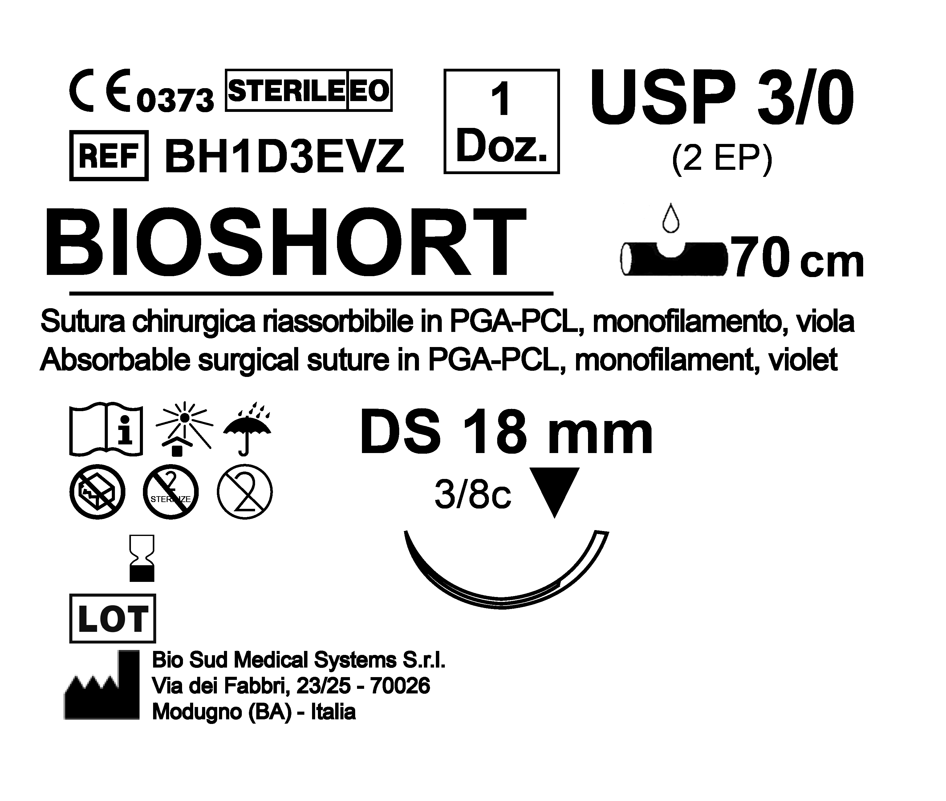 Sutura Bioshort DS 18 USP 3-0 - EP 2 70 cm Violet Box 12 pcs