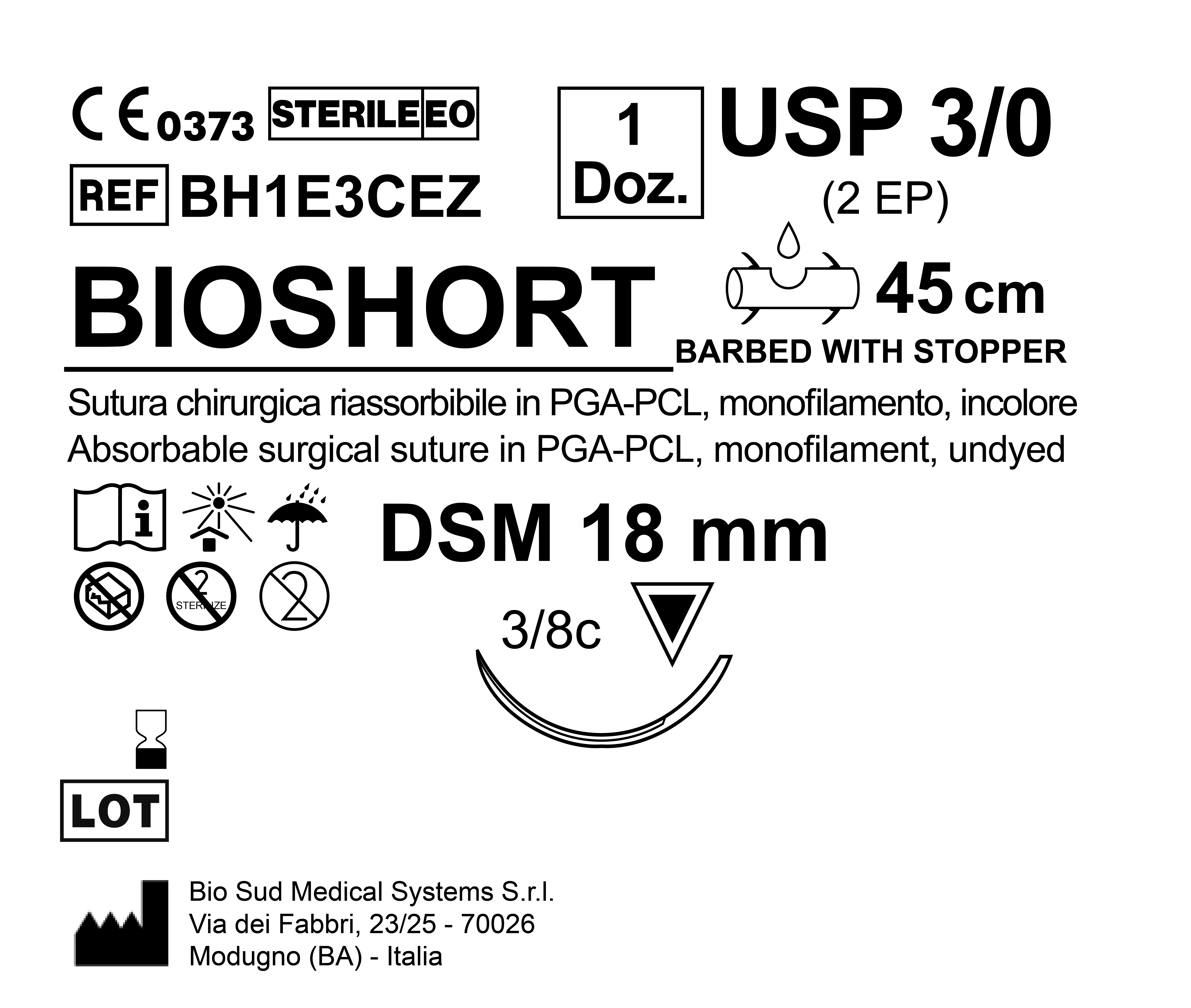 Sutura Bioshort DSM 18 USP 3-0 - EP 2 45 cm Undyed Barbed Box 12 pcs