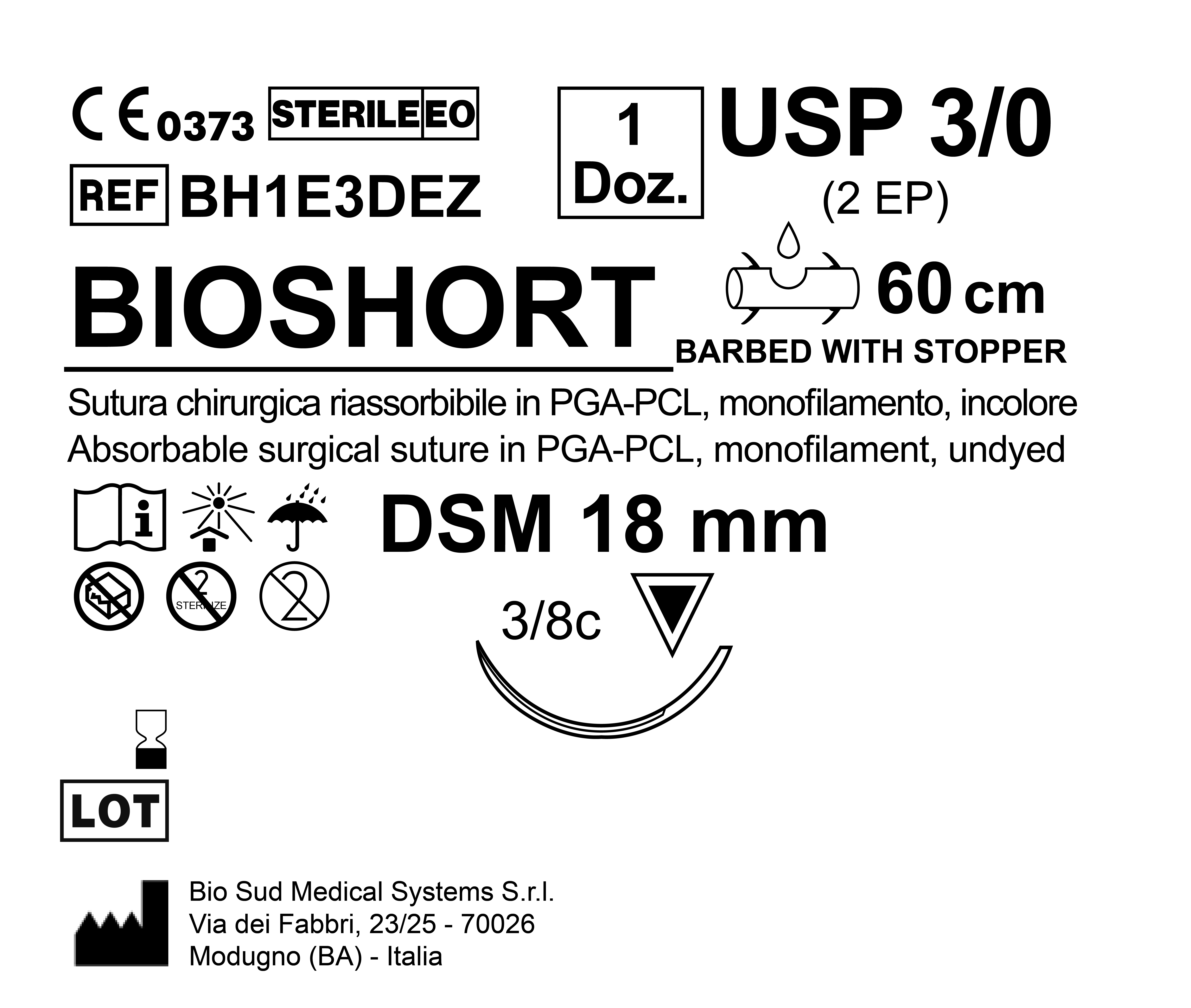 Sutura Bioshort DSM 18 USP 3-0 - EP 2 60 cm Undyed Barbed Box 12 pcs