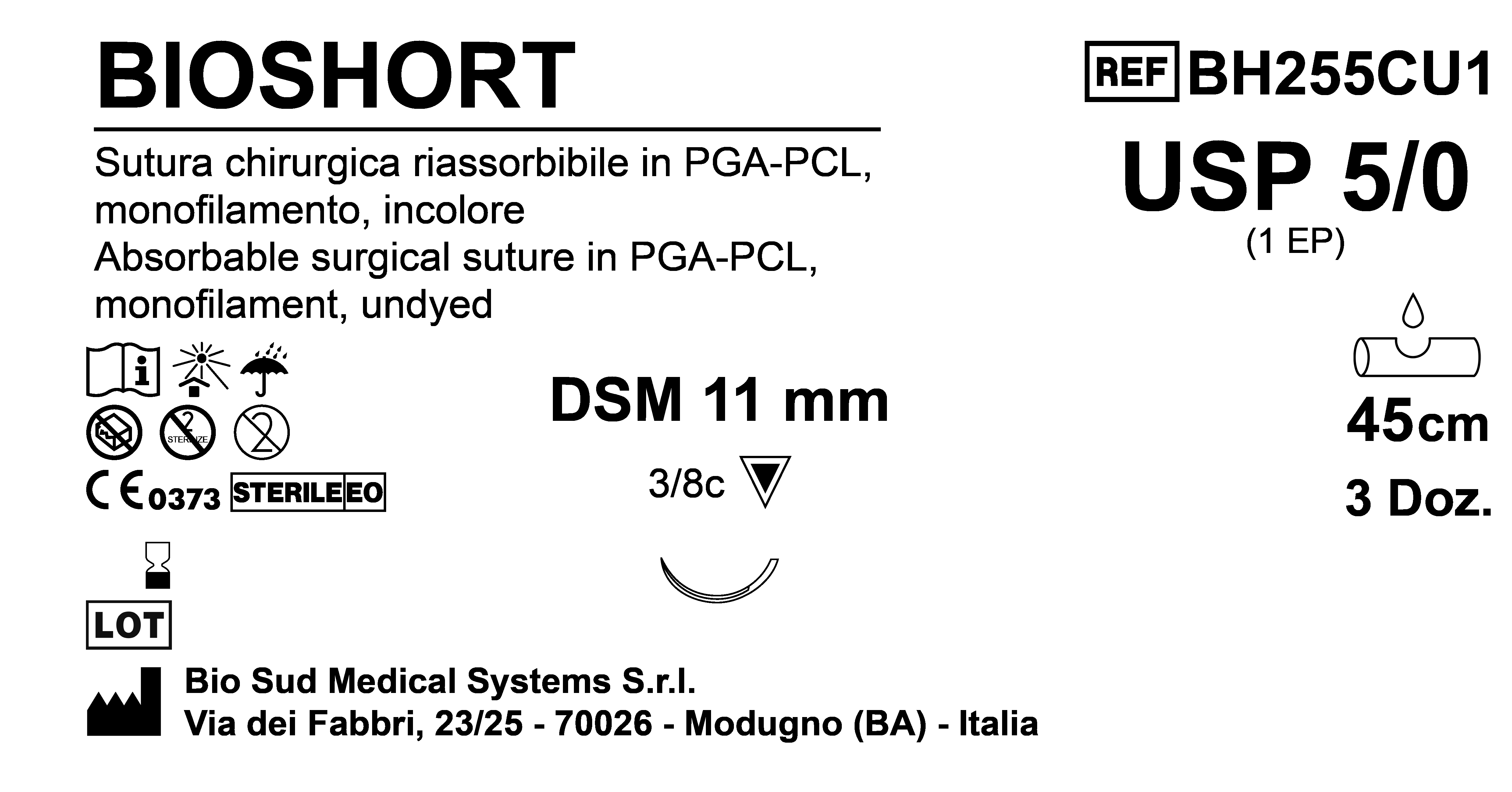 Sutura Bioshort DSM11 USP 5-0 - EP 1 45 cm Undyed Box 36 pcs