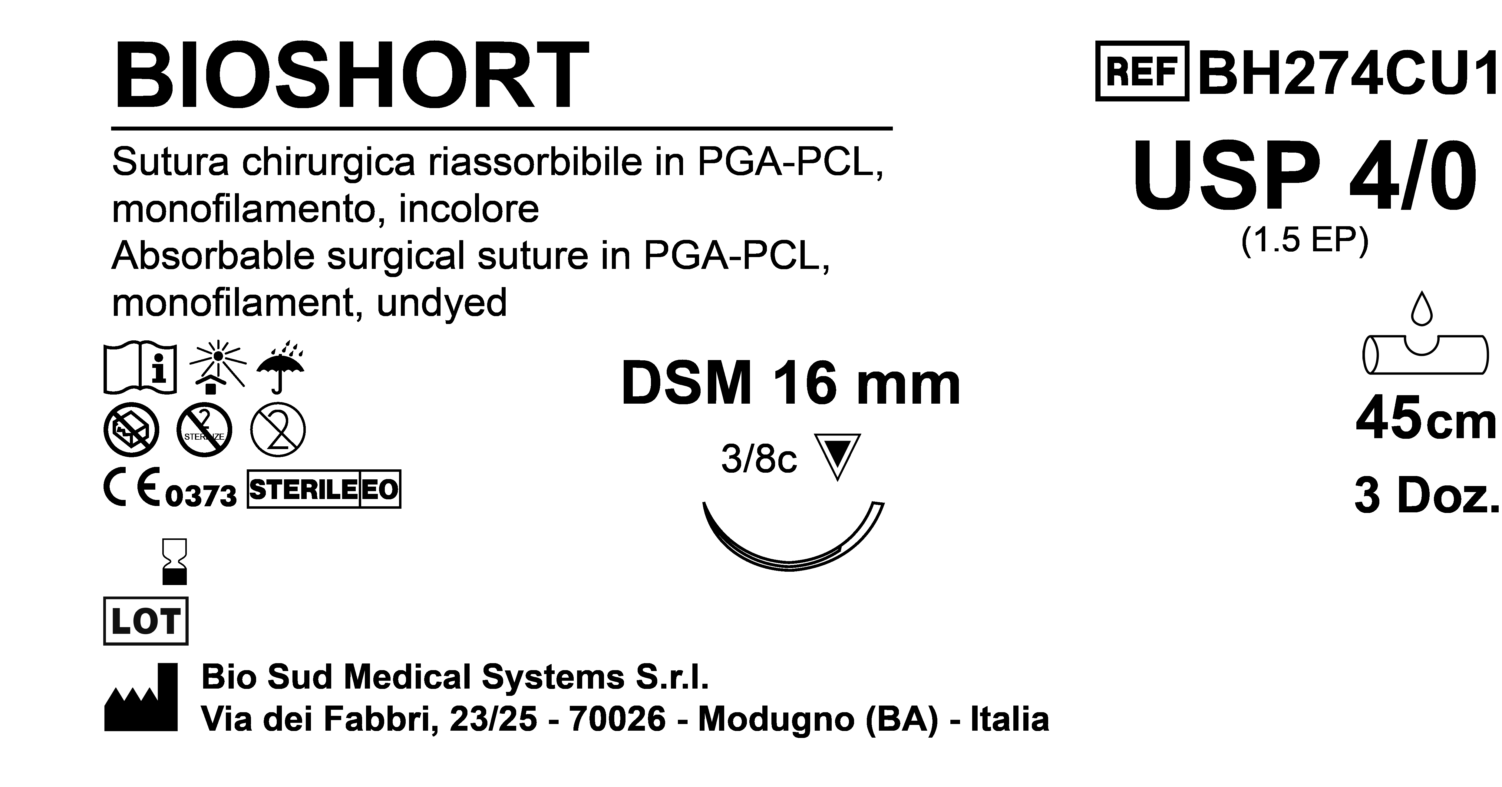 Sutura Bioshort DSM16 USP 4-0  - EP 1.5 45 cm Undyed Box 36 pcs